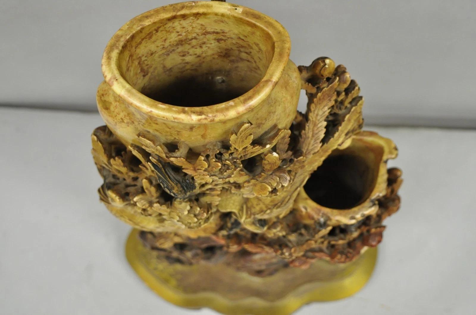 Antique Chinese Figural Carved Soapstone Large Table Lamp w/ Birds & Flowers For Sale 6