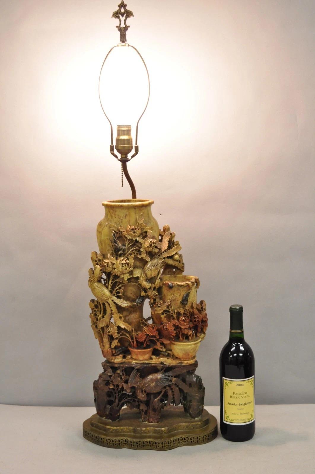 Antique Chinese Figural Carved Soapstone Large Table Lamp w/ Birds & Flowers. Circa Early 20th Century. Measurements: 36.5