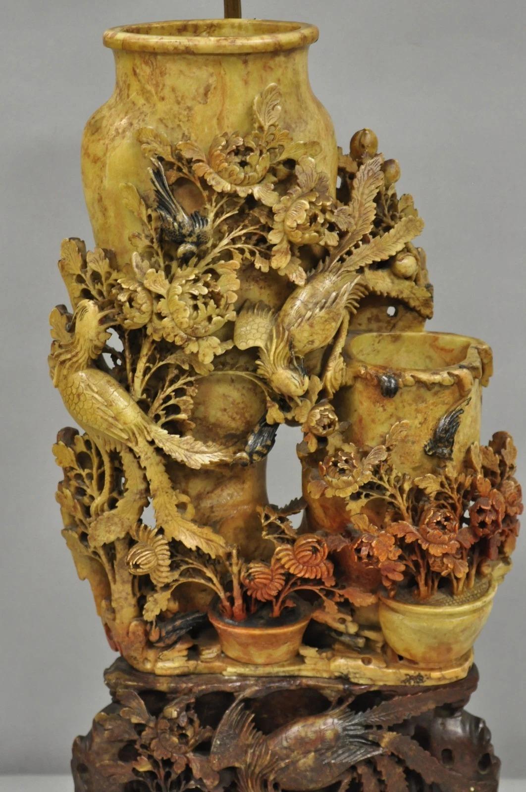 Chinoiserie Antique Chinese Figural Carved Soapstone Large Table Lamp w/ Birds & Flowers For Sale