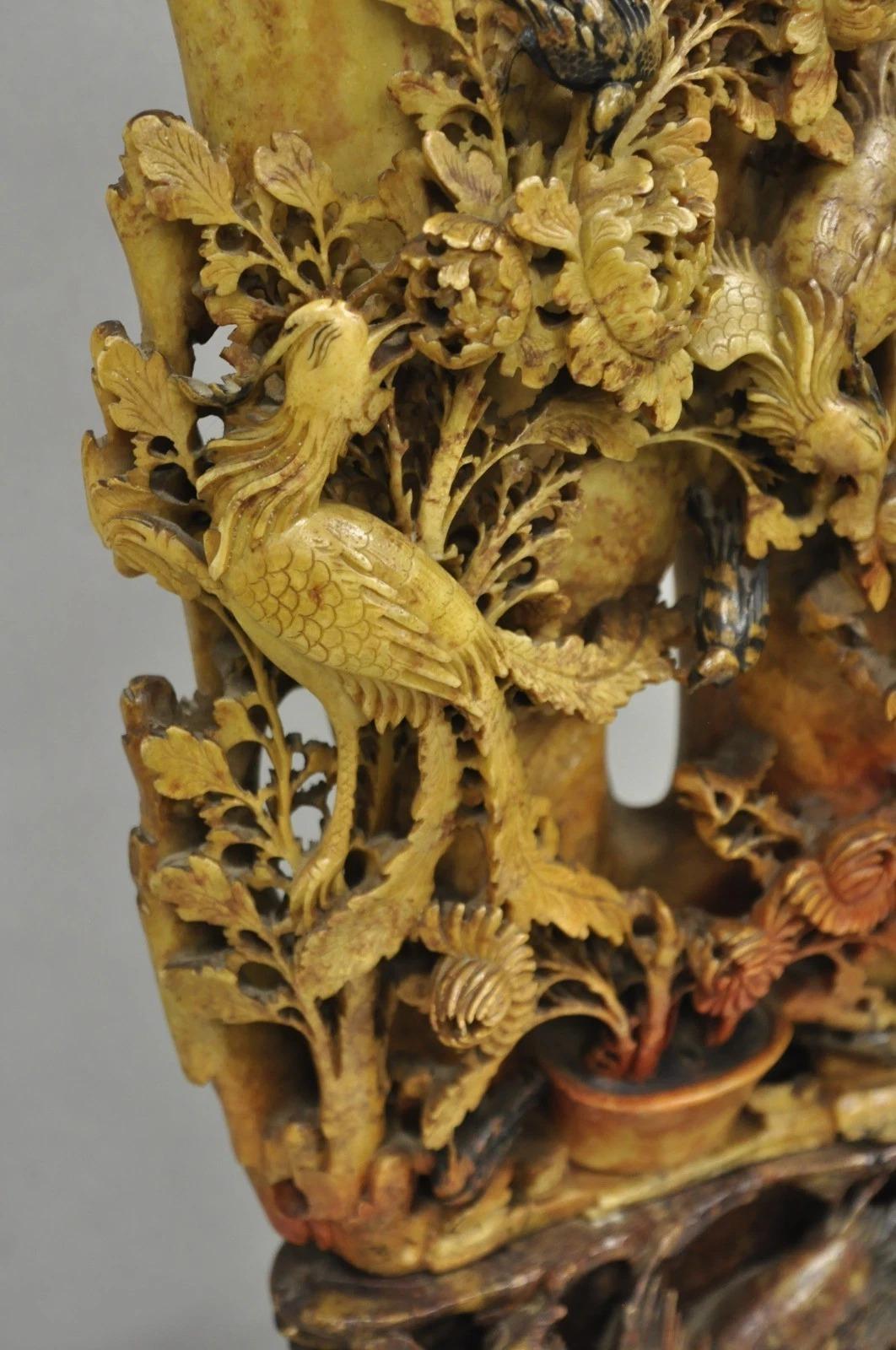 Unknown Antique Chinese Figural Carved Soapstone Large Table Lamp w/ Birds & Flowers For Sale