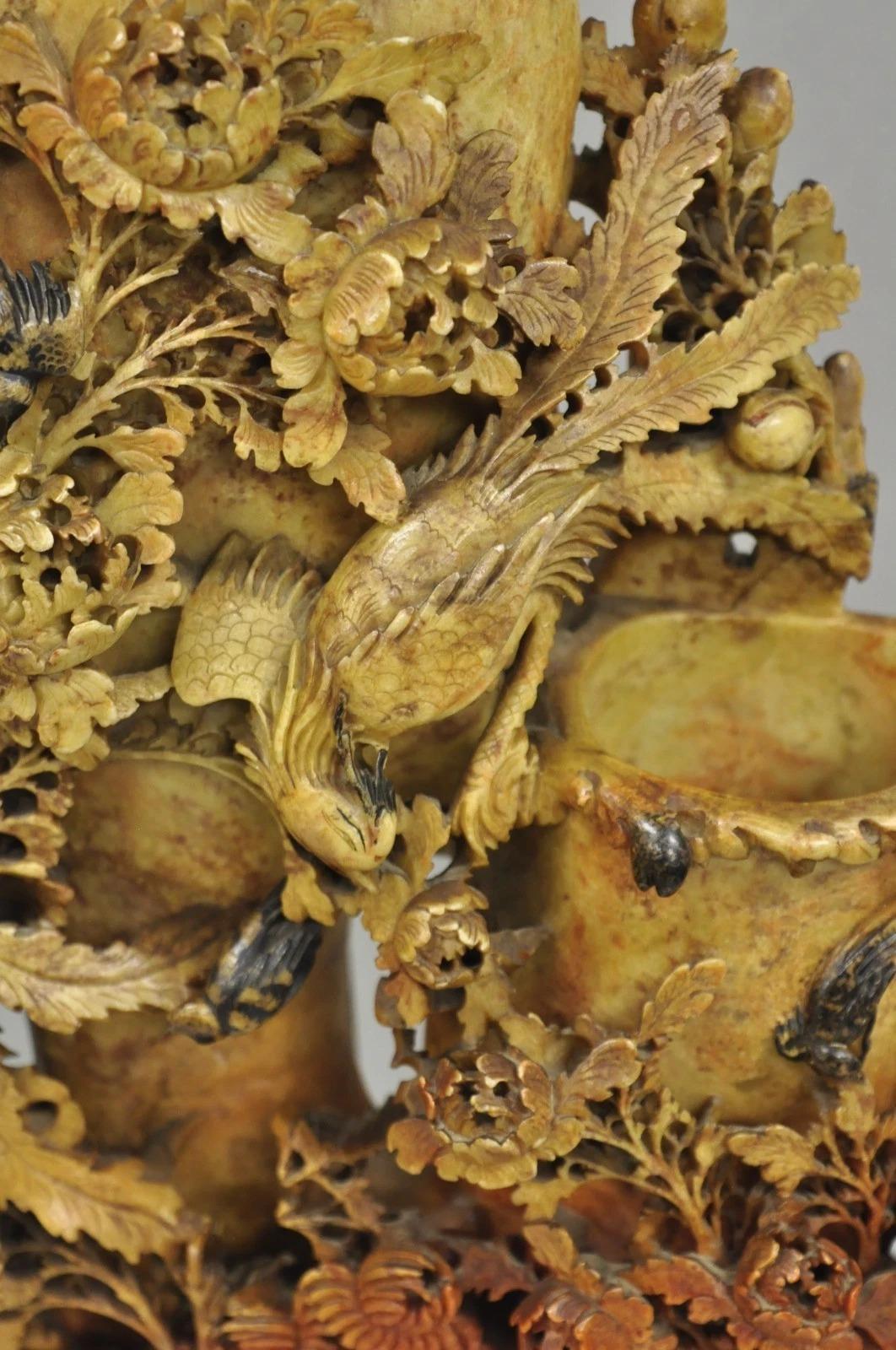 Antique Chinese Figural Carved Soapstone Large Table Lamp w/ Birds & Flowers In Good Condition For Sale In Philadelphia, PA