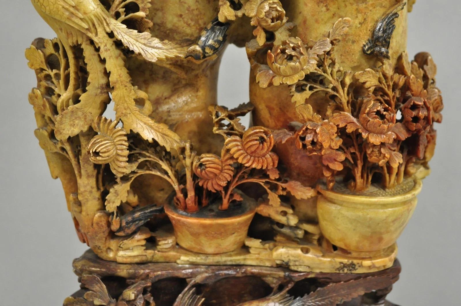 20th Century Antique Chinese Figural Carved Soapstone Large Table Lamp w/ Birds & Flowers For Sale