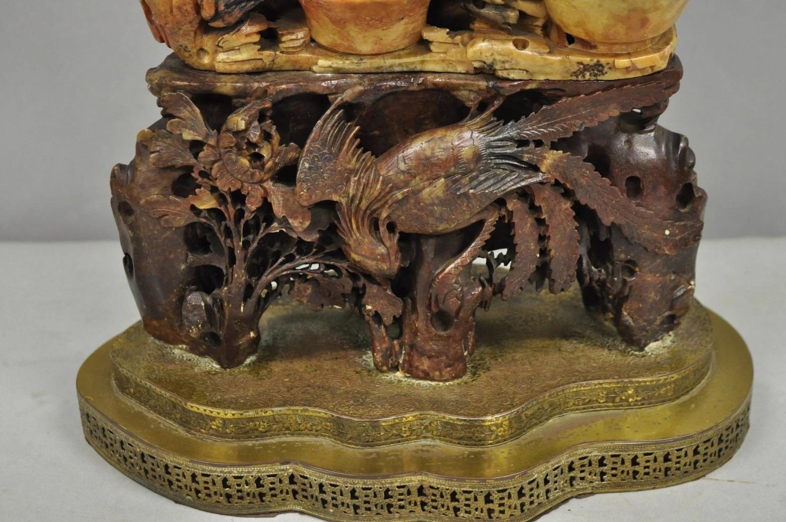 Antique Chinese Figural Carved Soapstone Large Table Lamp w/ Birds & Flowers For Sale 1