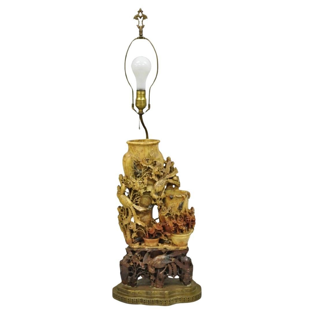 Antique Chinese Figural Carved Soapstone Large Table Lamp w/ Birds & Flowers For Sale