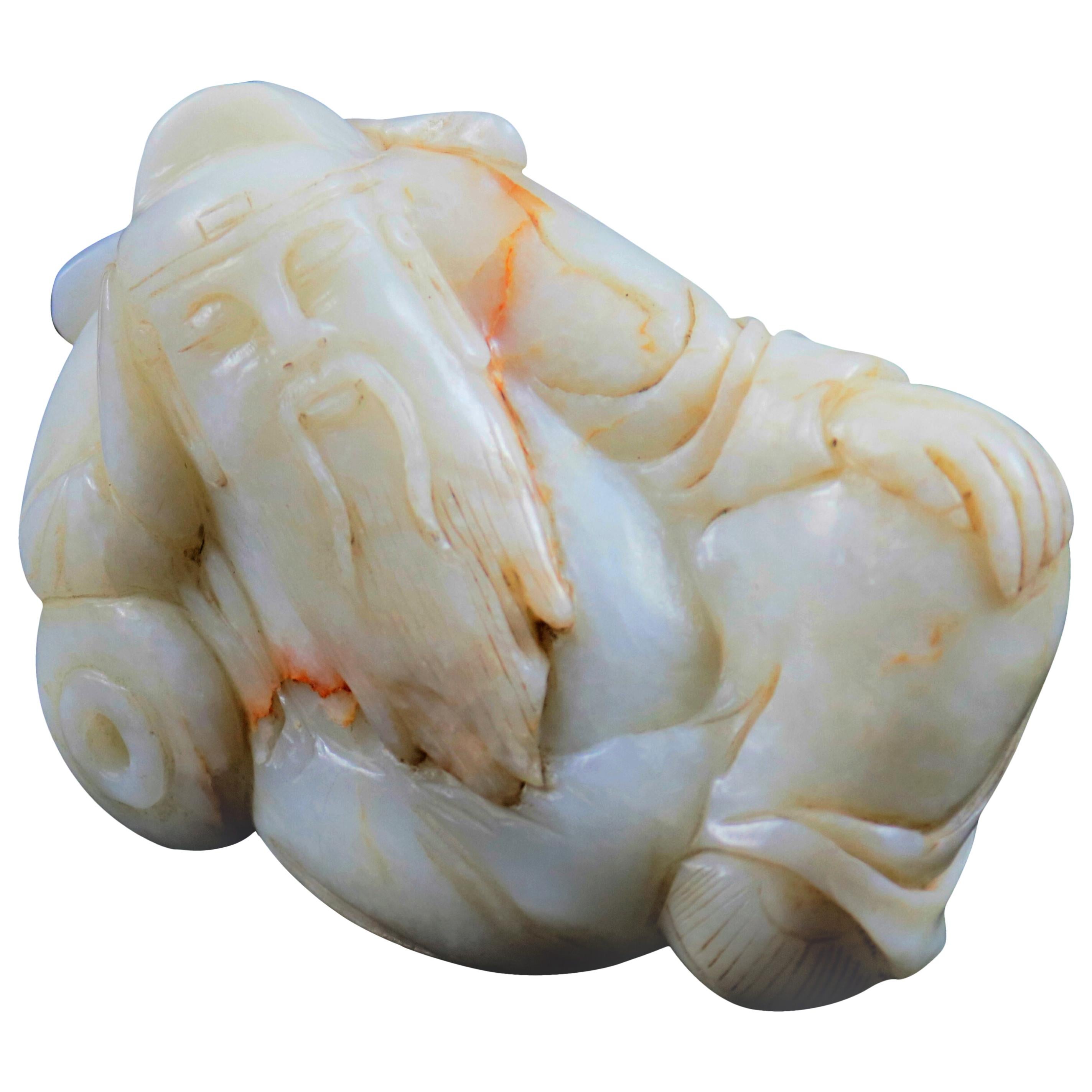 Antique Chinese Figural Carved White Jade Sculpture of Recumbent Buddha