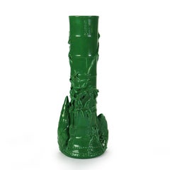 Antique Chinese Figural & Foliate Jade Green Glazed Pottery Vase c1930