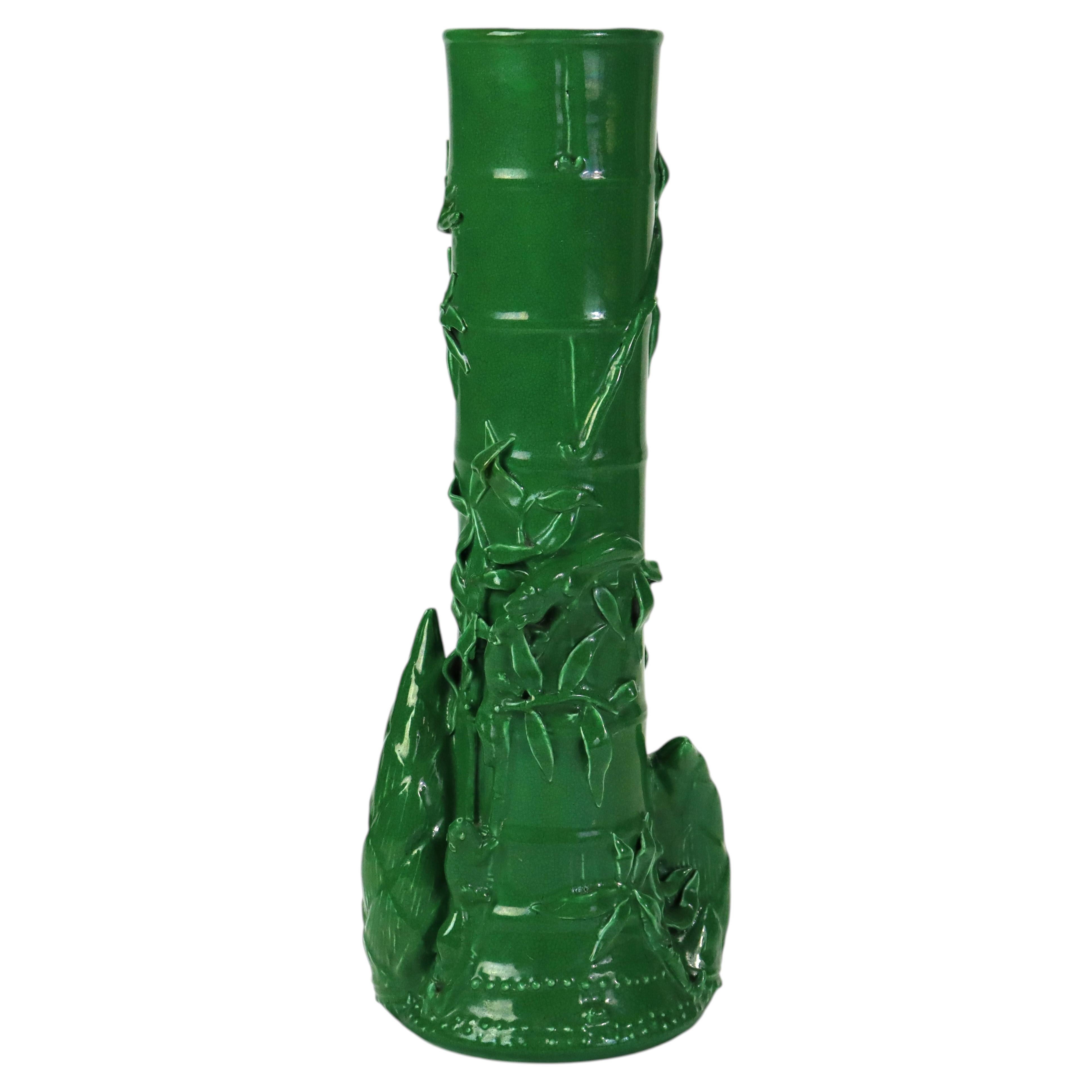 Antique Chinese Figural & Foliate Jade Green Glazed Pottery Vase c1930 For Sale