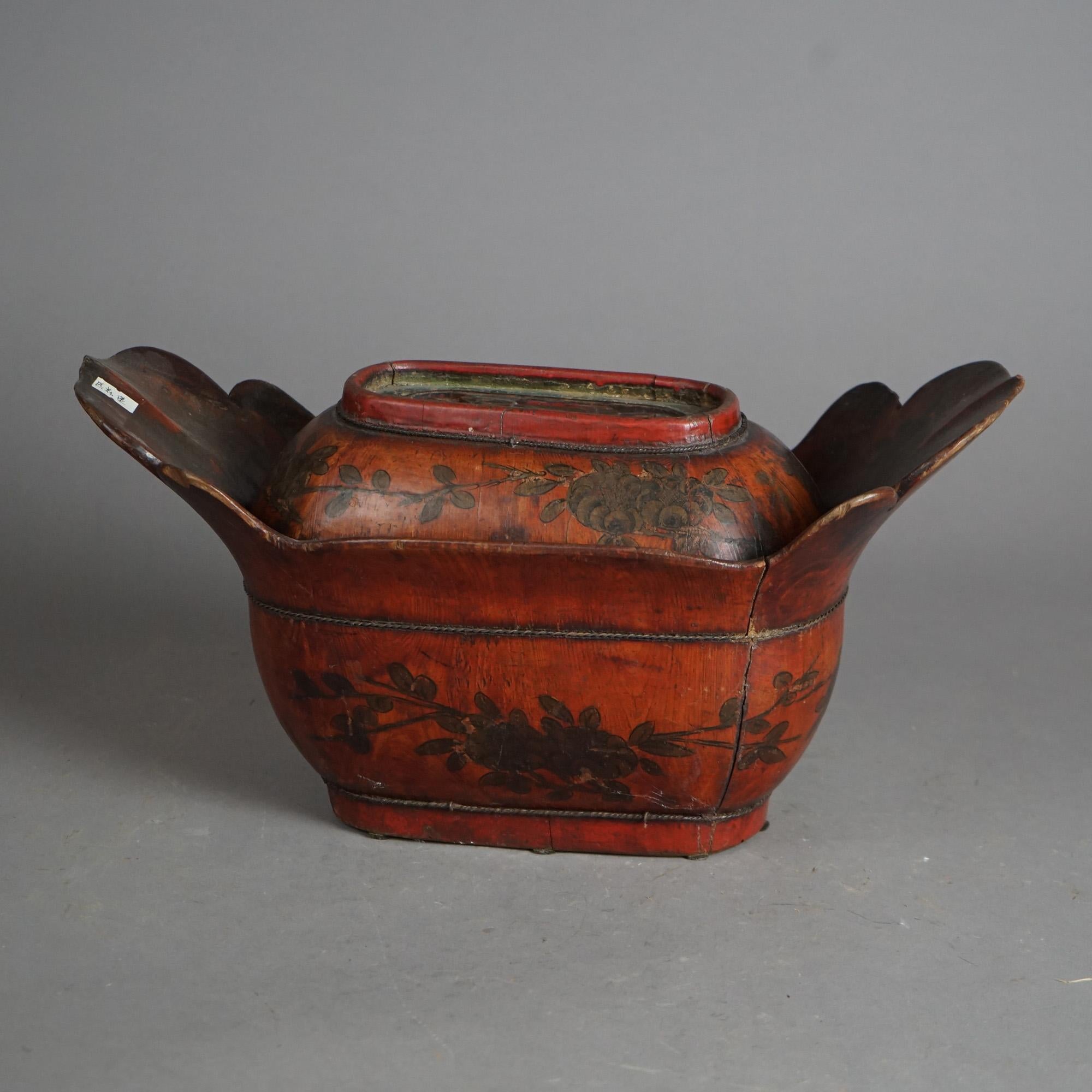 Asian Antique Chinese Figural & Polychromed Wooden Basket Circa 1920 For Sale
