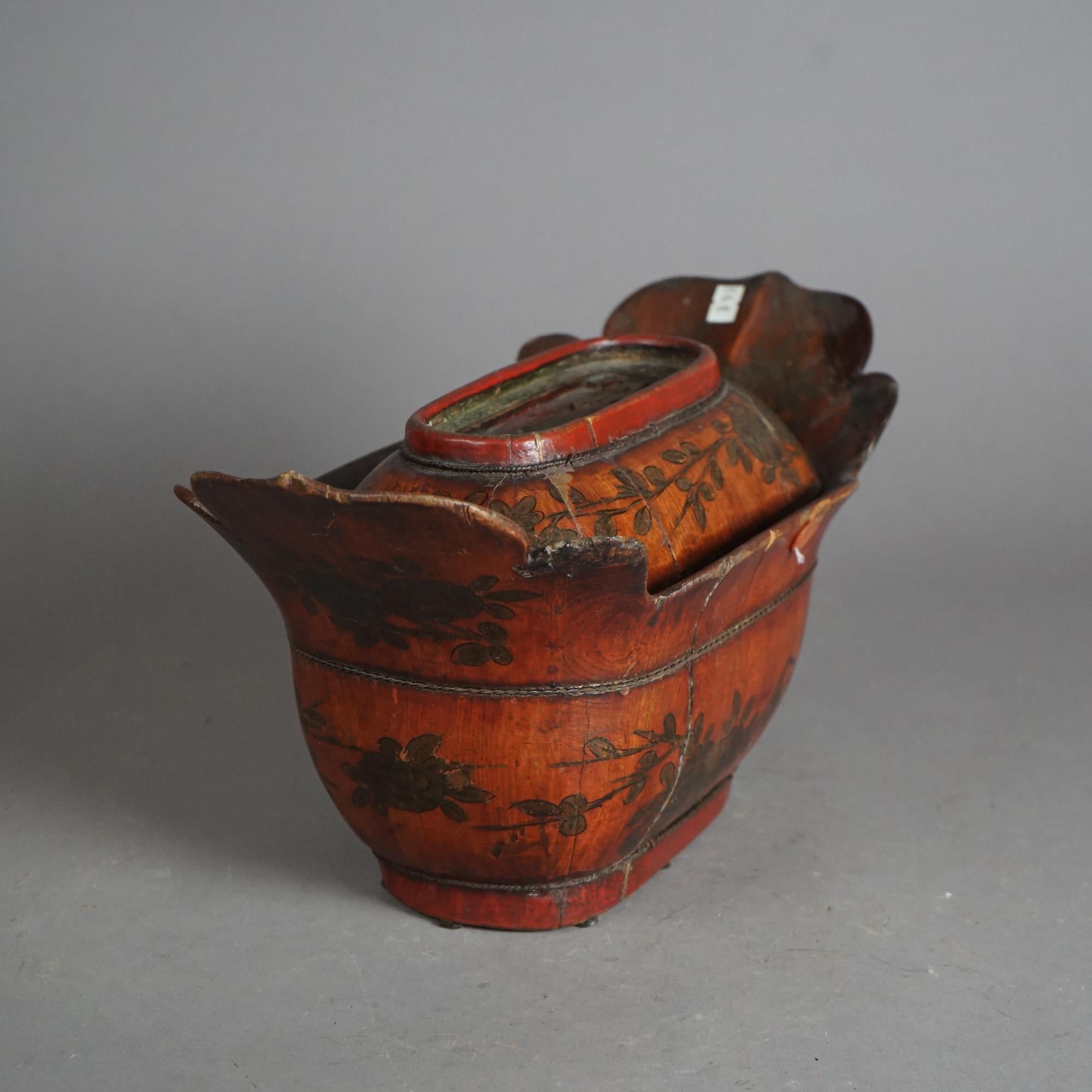 Antique Chinese Figural & Polychromed Wooden Basket Circa 1920 In Good Condition For Sale In Big Flats, NY