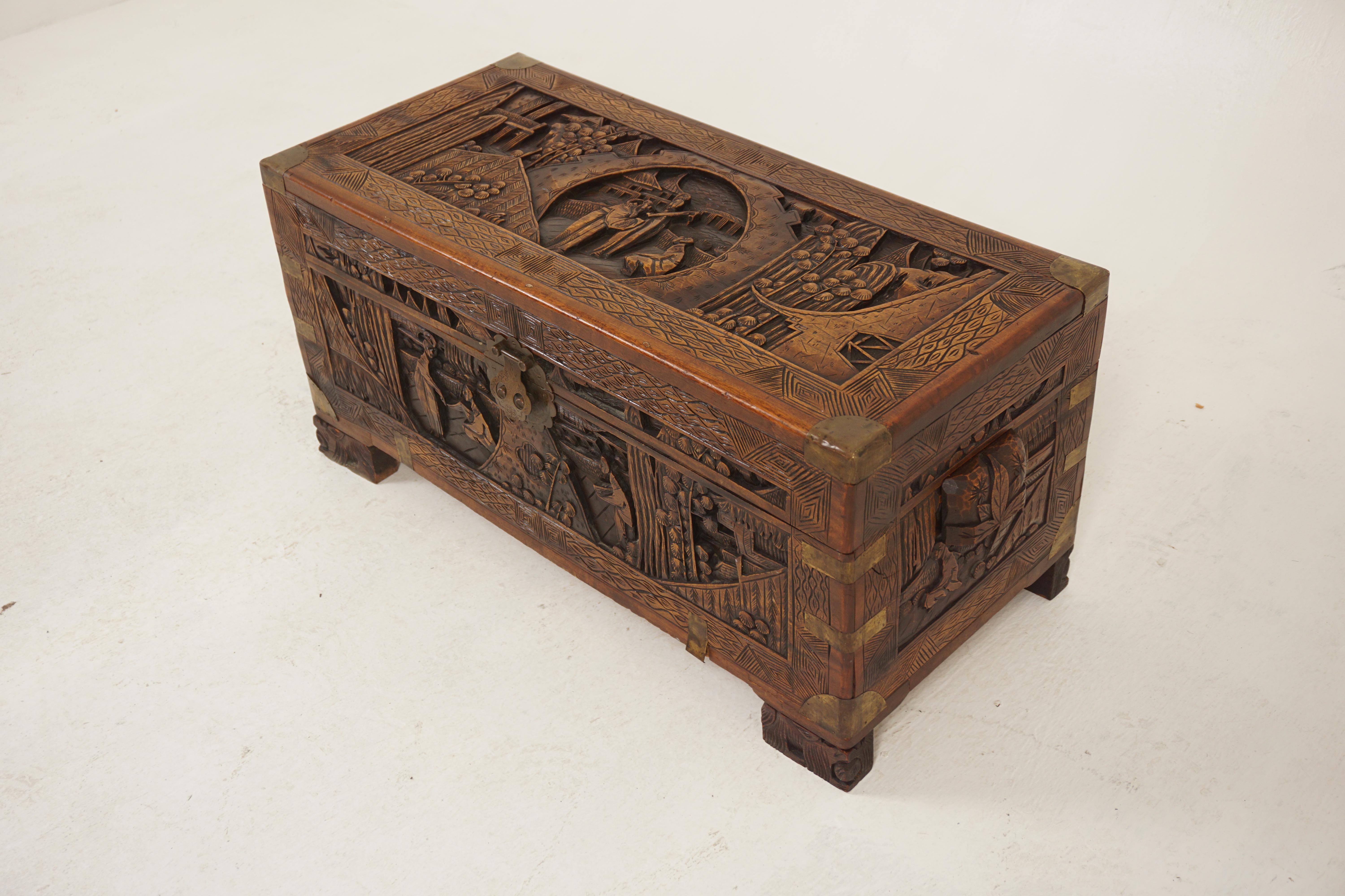 Antique Chinese Finely Carved Camphor Chest, China 1920, H1185

Solid camphor 
Original finish
Freestanding chest having outstanding quality carved panels on all sides
Two cup carved handles on the side
Lift up lid with original brass lock but no