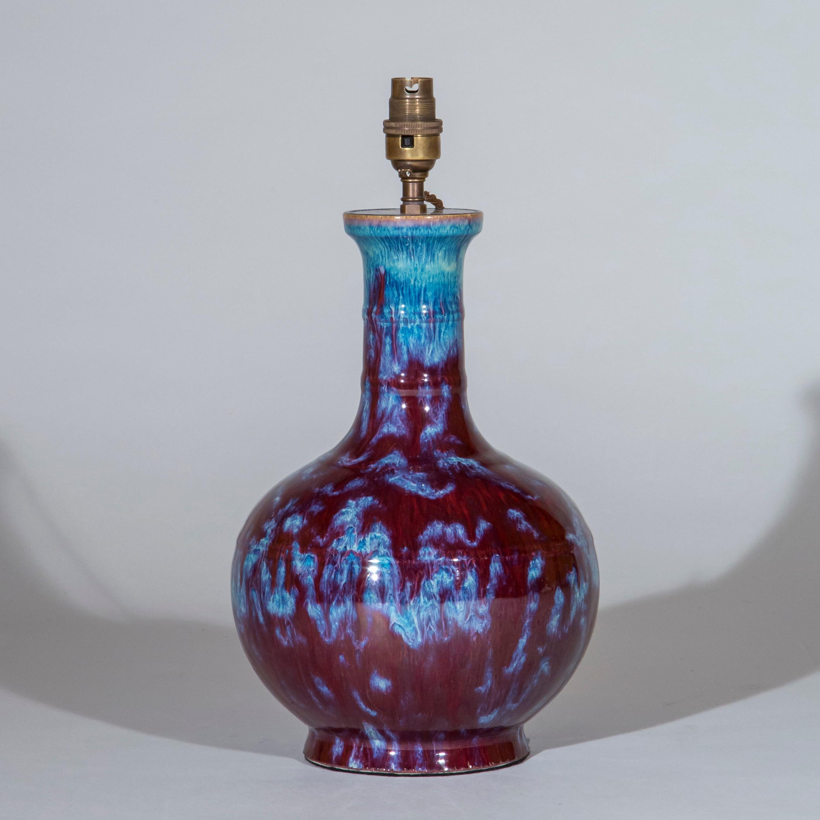 Qing Antique Chinese Flambé Vase Lamp Burgundy and Blue