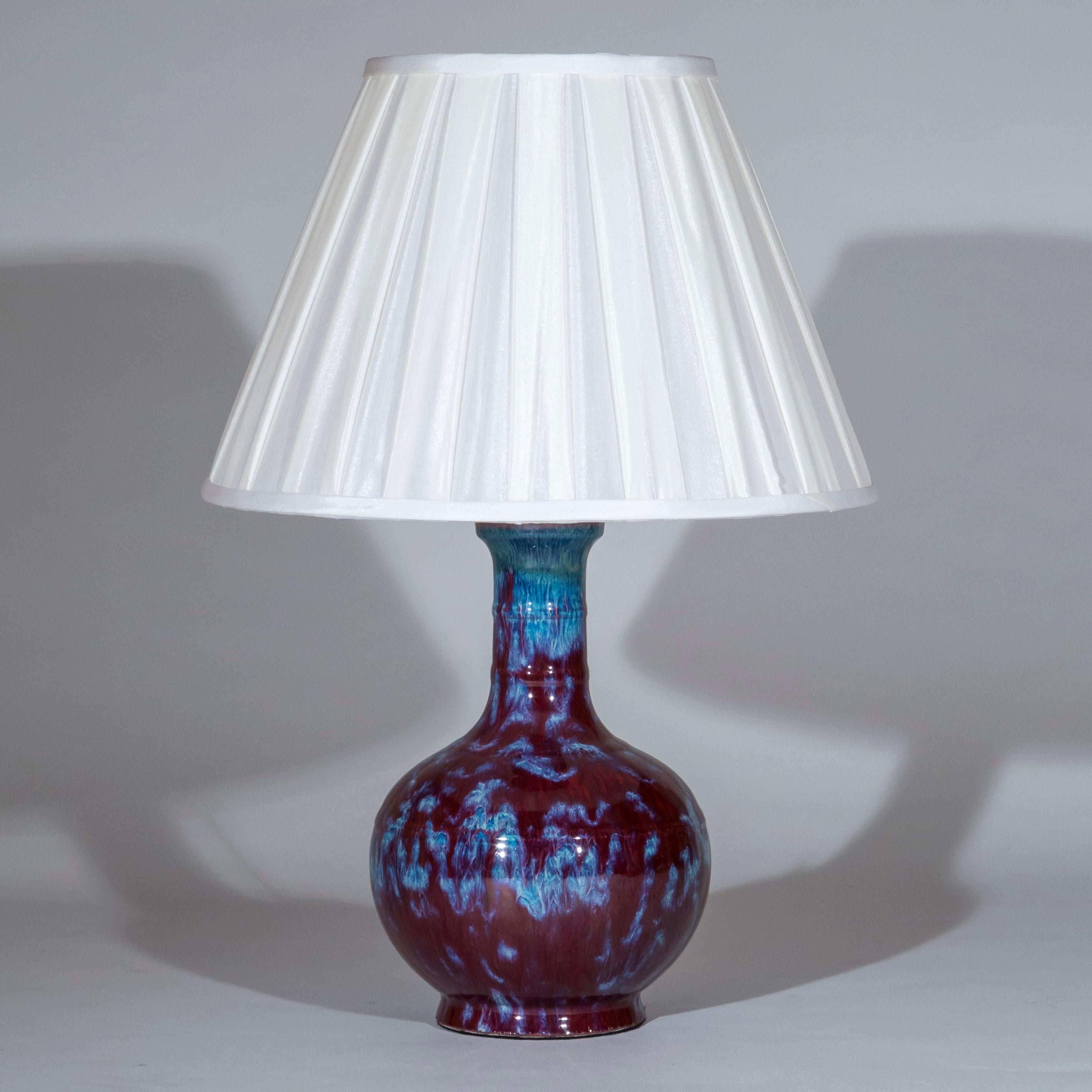 Glazed Antique Chinese Flambé Vase Lamp Burgundy and Blue