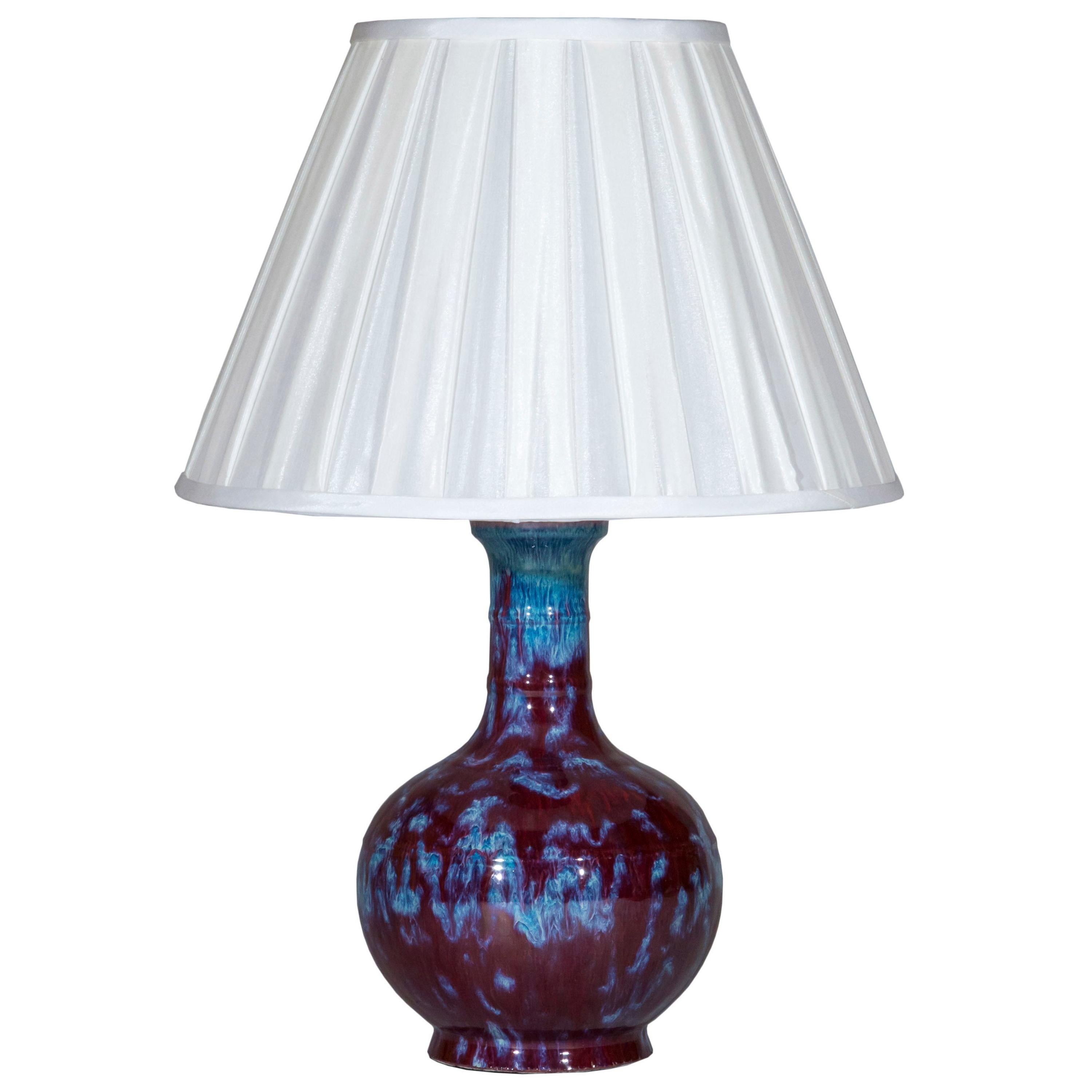 Antique Chinese Flambé Vase Lamp Burgundy and Blue