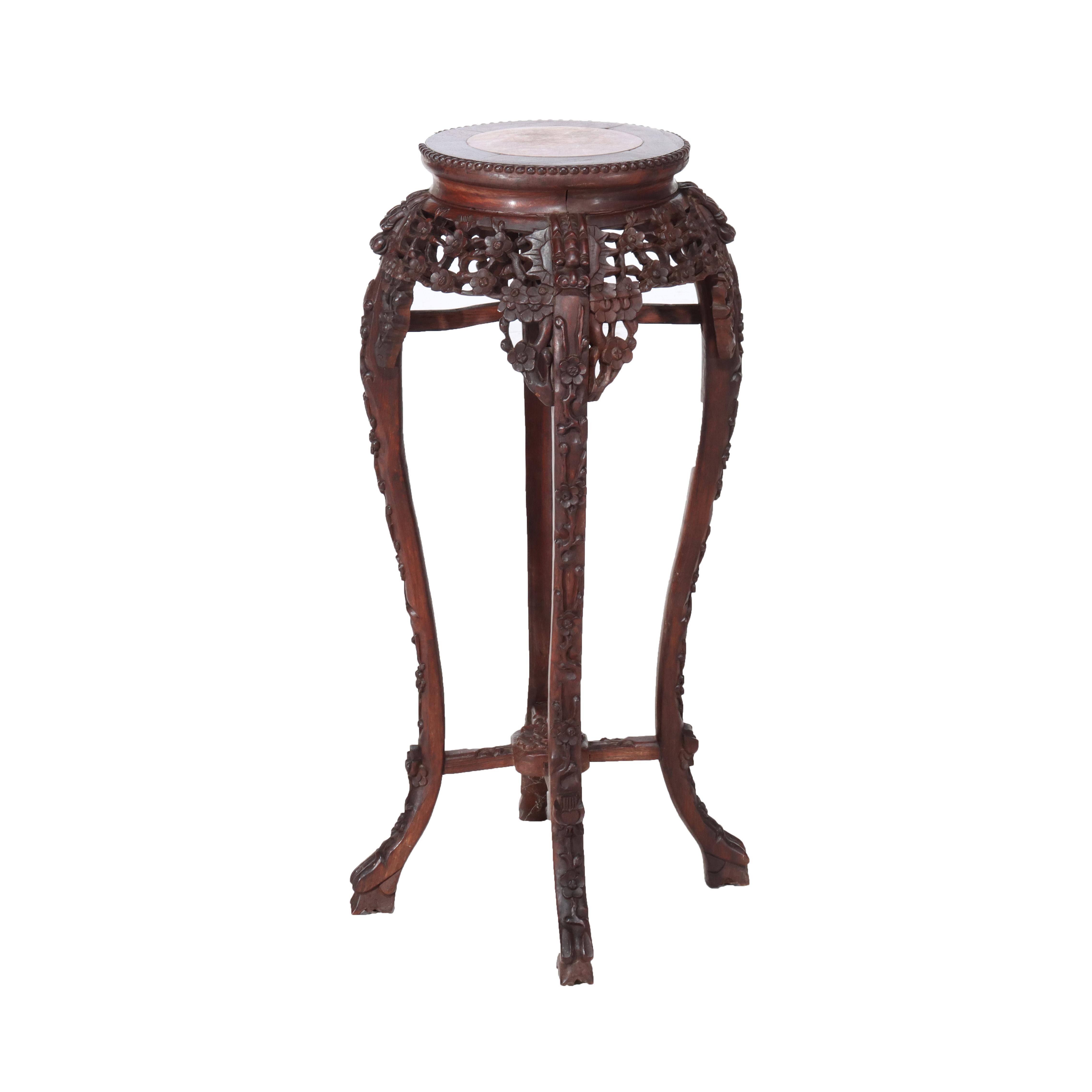 Ancien support chinois en bois dur sculpté de fleurs avec plateau en marbre rouge c1920 Bon état - En vente à Big Flats, NY