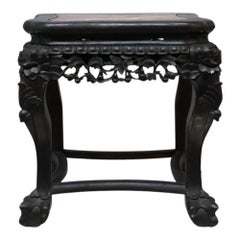 Antique Chinese Floral Carved Rosewood & Rouge Marble Top Side Table c1920