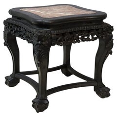 Antique Chinese Floral Carved Rosewood & Rouge Marble Top Side Table c1920