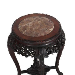 Antique Chinese Floral Carved Rosewood Rouge Marble Top Stand c1910