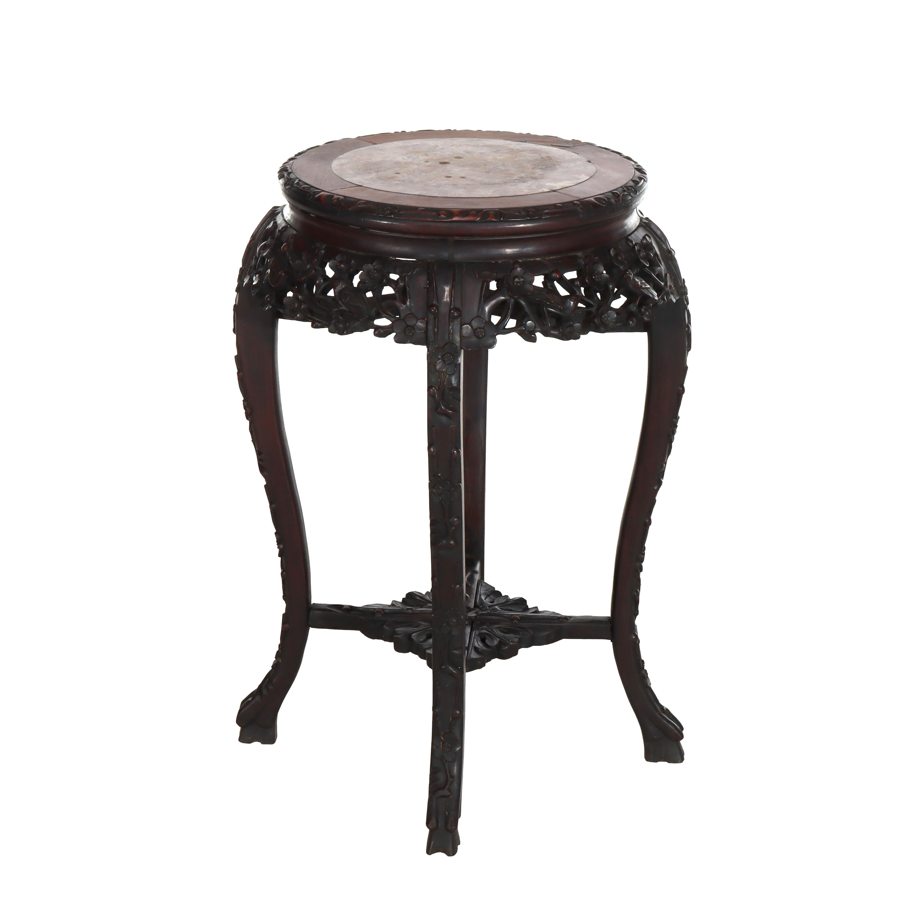 Antique Chinese Floral Carved Rosewood Rouge Marble Top Stand c1910