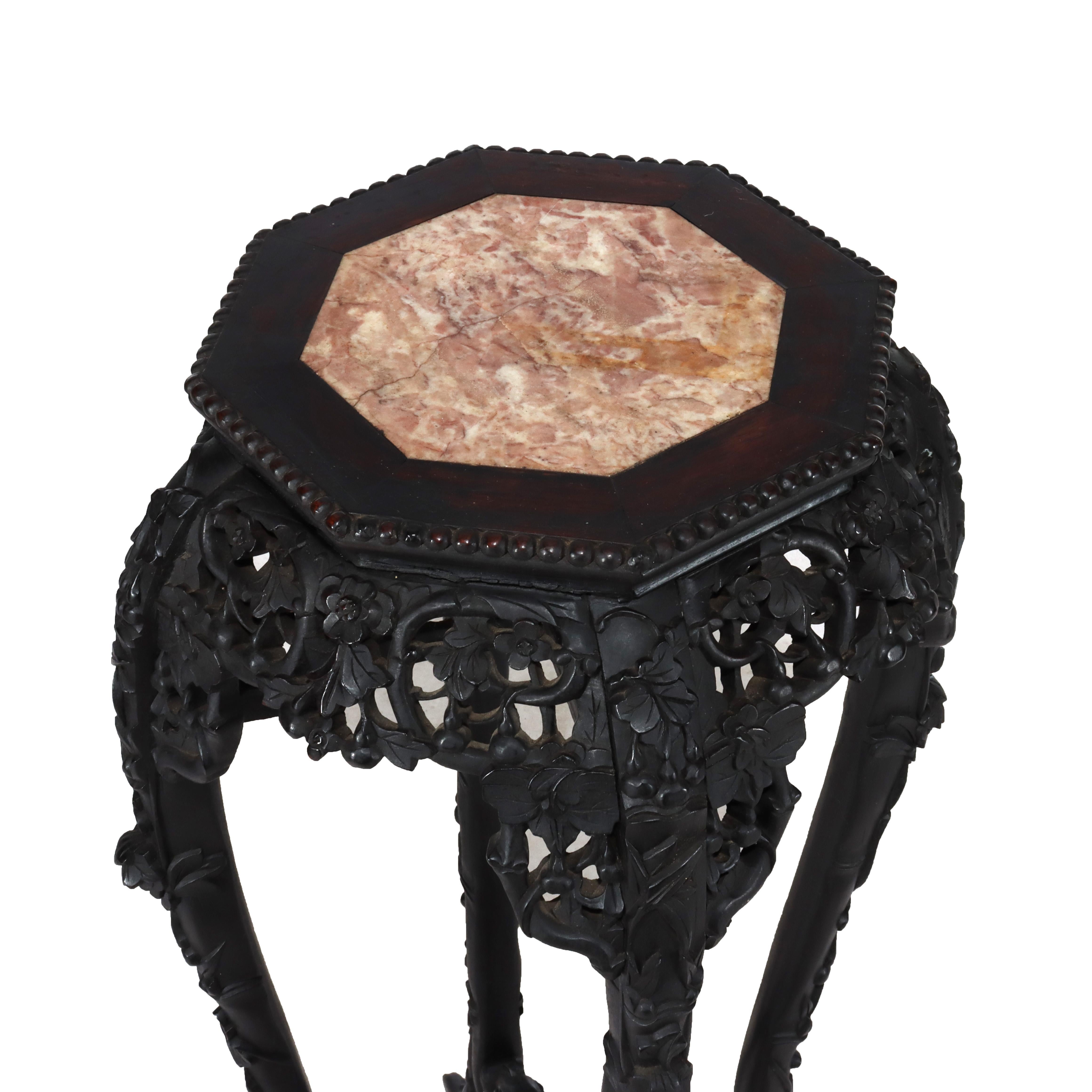 ***Reduced In-House Delivery Rates - Click on “Ask Seller” to Request a Quote***
Antique Chinese Floral Carved Rosewood Stand With Rouge Marble Top C1920
Measures - 35.5