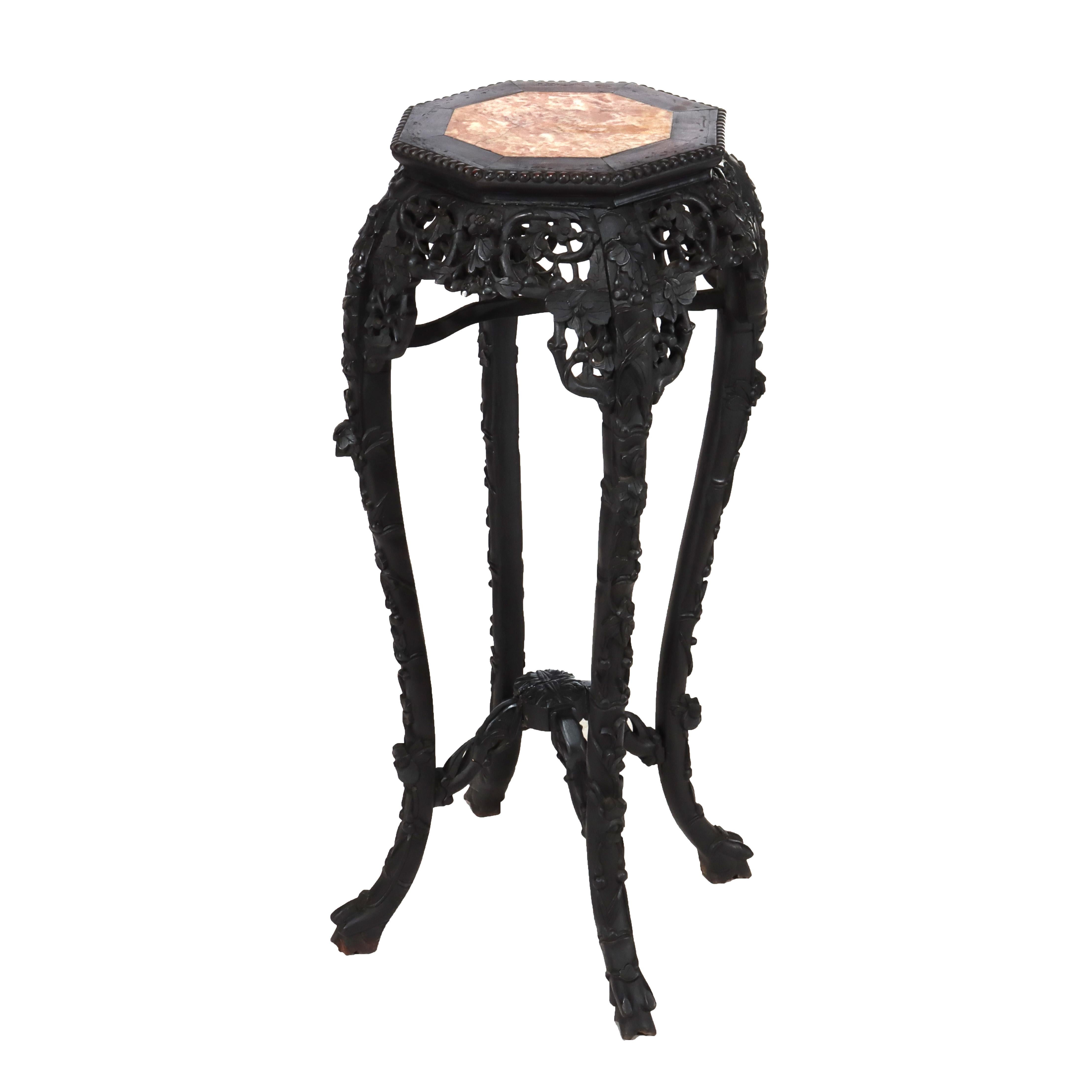 Antique Chinese Floral Carved Rosewood Stand with Rouge Marble Top C1920 (Chinesisch) im Angebot