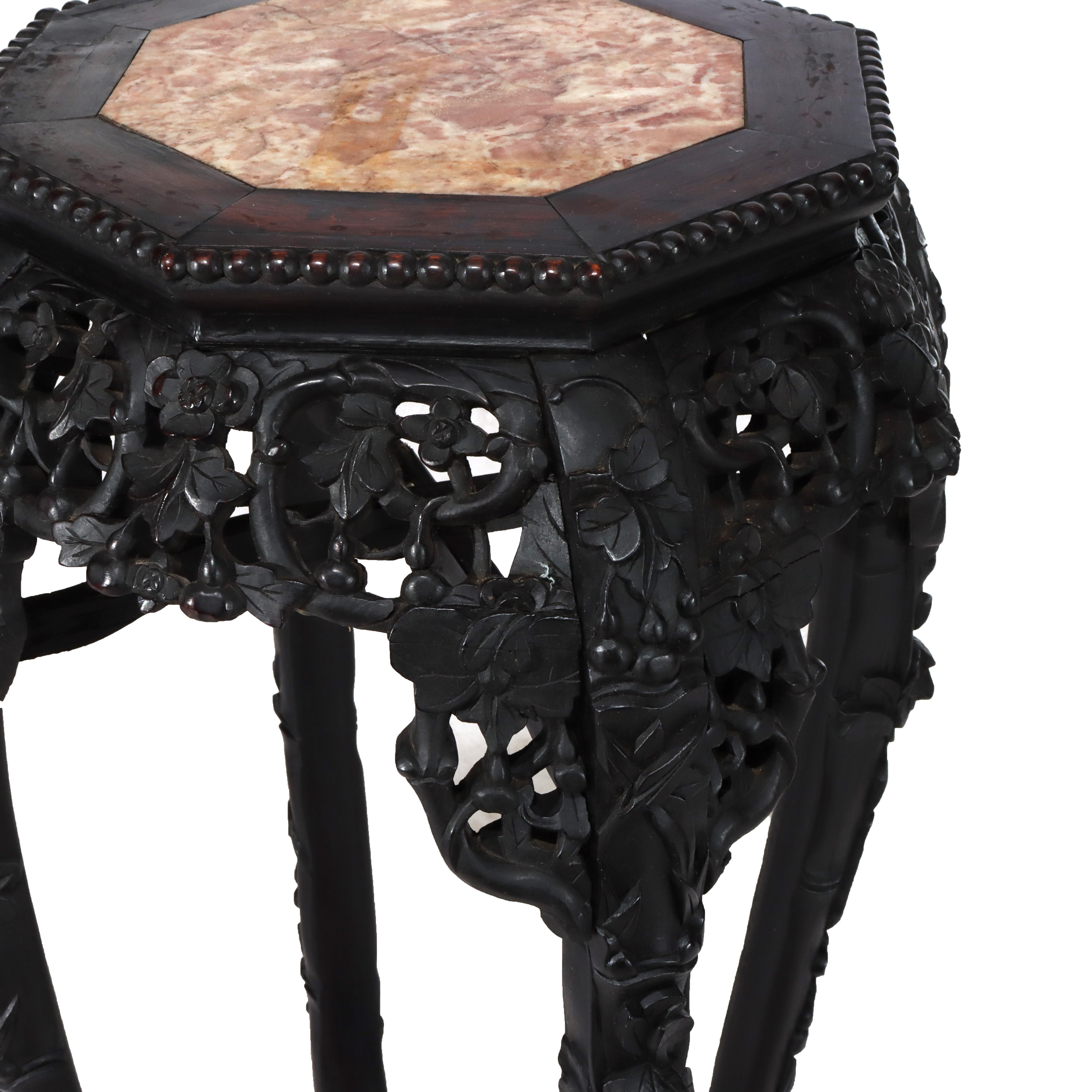Antique Chinese Floral Carved Rosewood Stand with Rouge Marble Top C1920 (Rosenholz) im Angebot