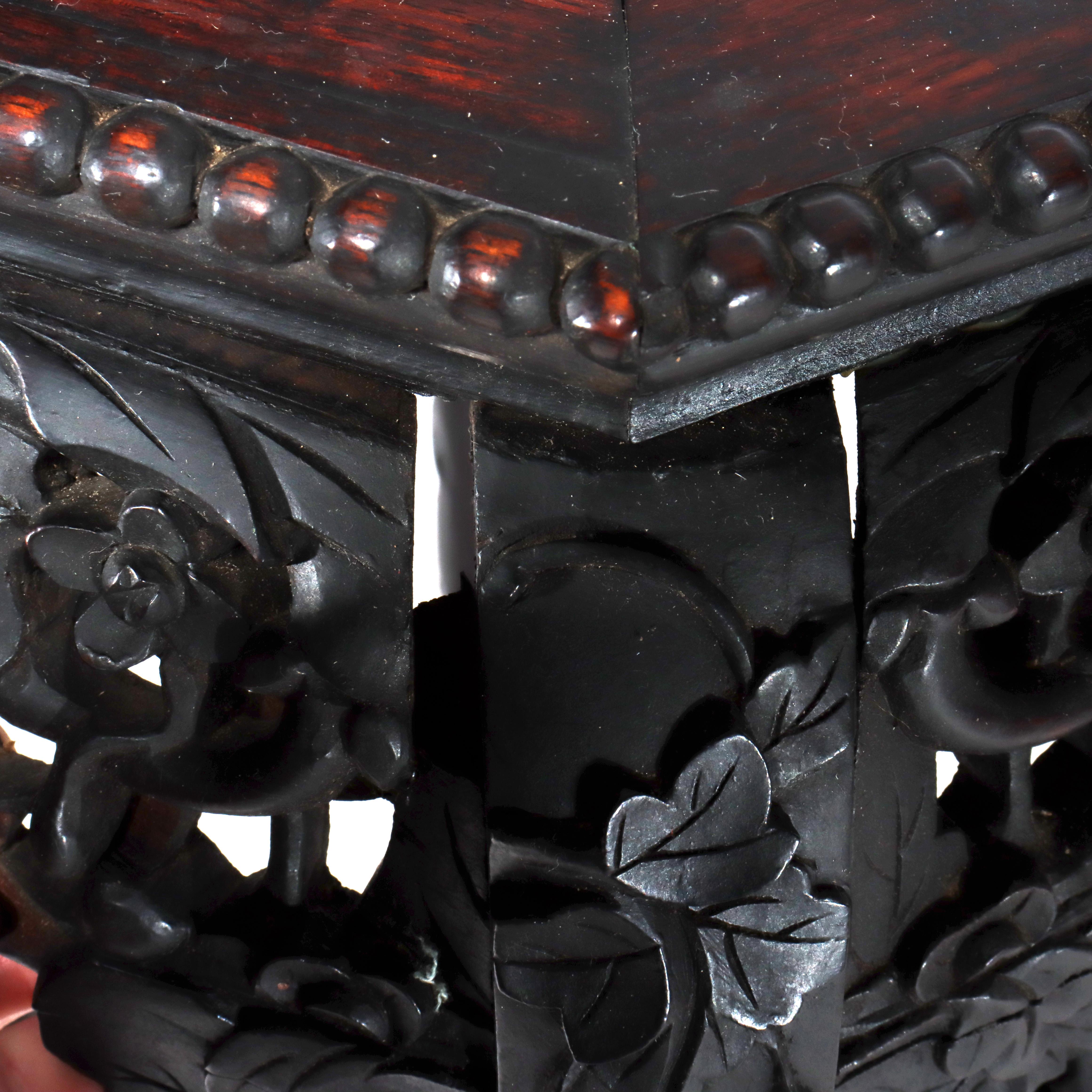 Antique Chinese Floral Carved Rosewood Stand with Rouge Marble Top C1920 im Angebot 1