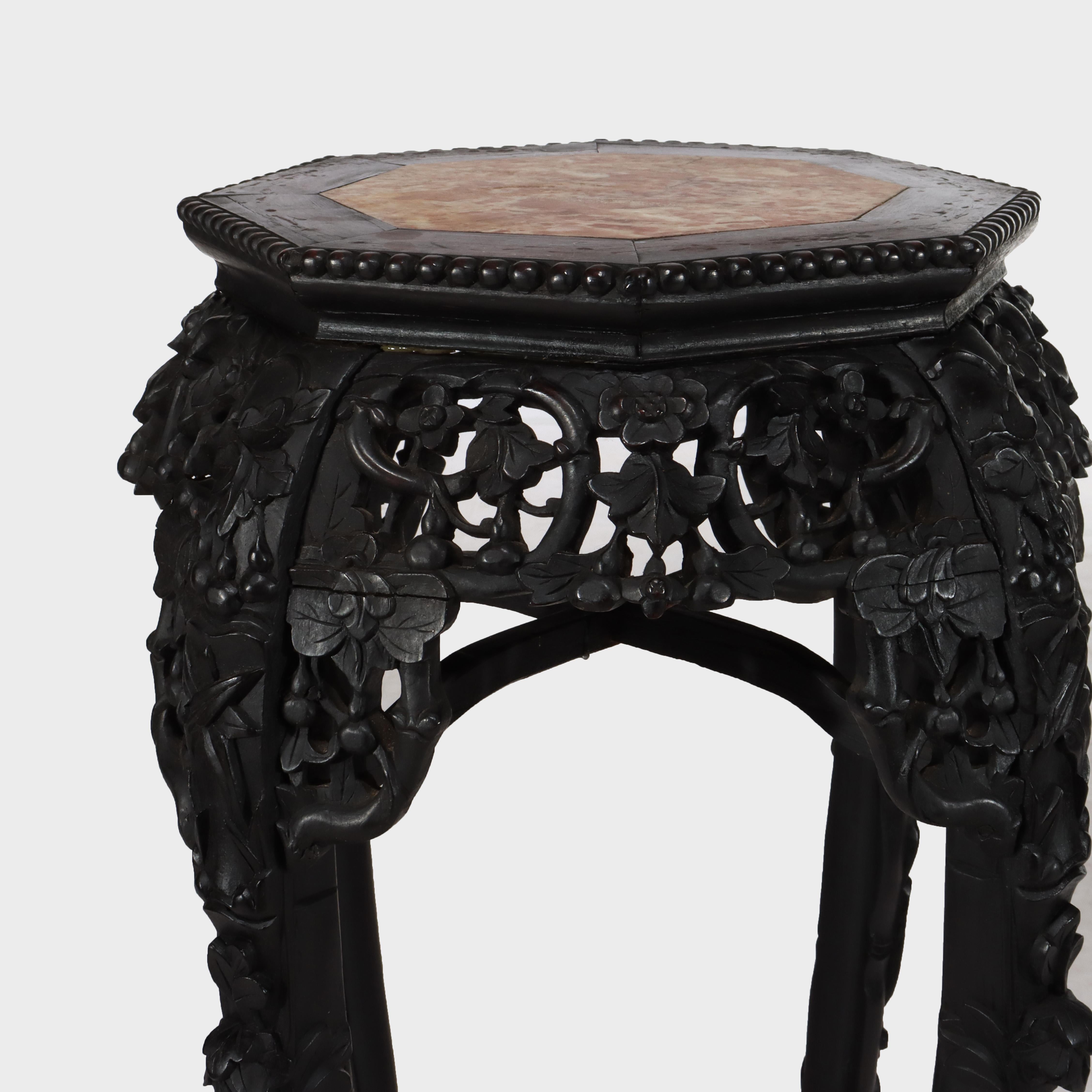 Antique Chinese Floral Carved Rosewood Stand with Rouge Marble Top C1920 im Angebot 2