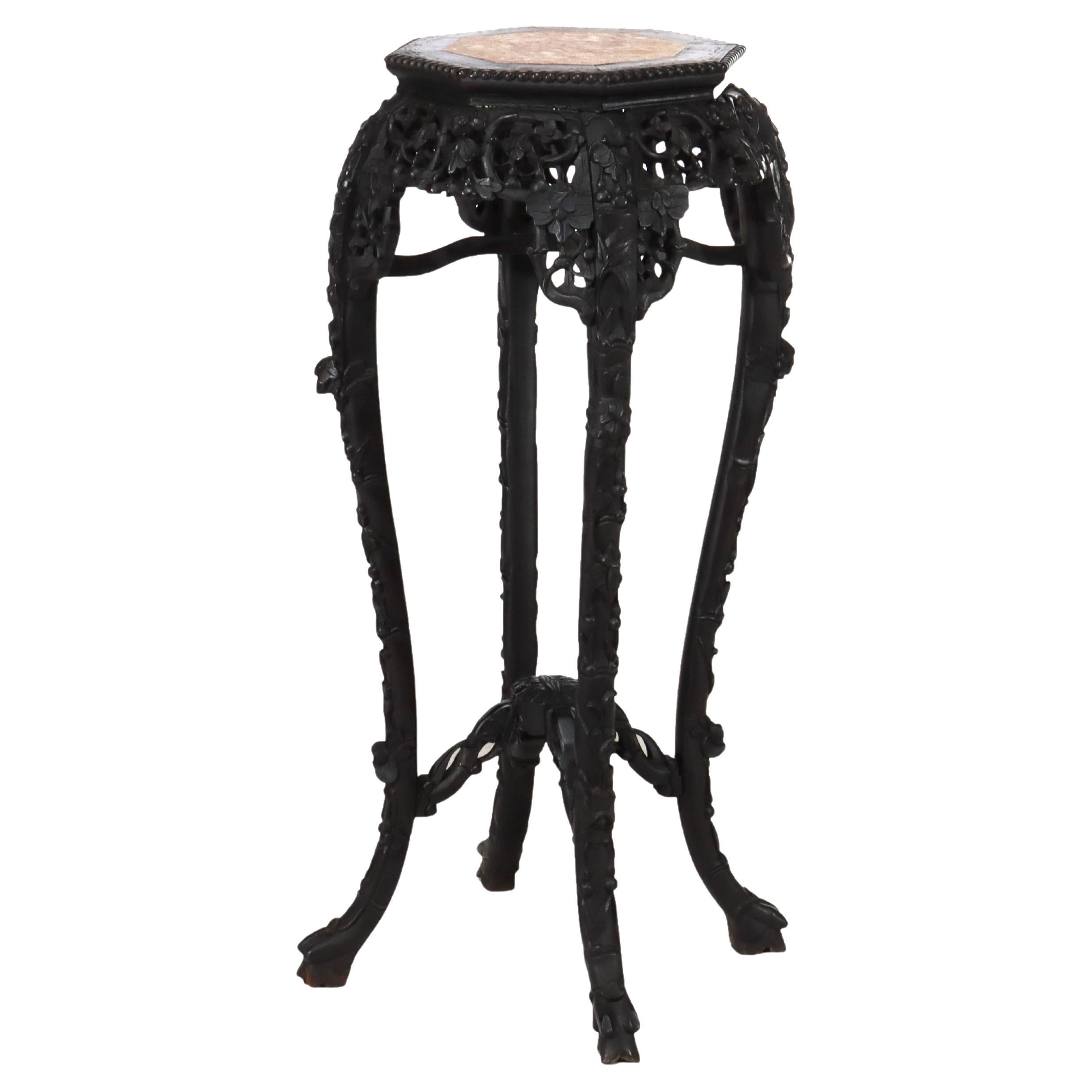 Antique Chinese Floral Carved Rosewood Stand with Rouge Marble Top C1920 im Angebot