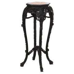 Antique Chinese Floral Carved Rosewood Stand with Rouge Marble Top C1920