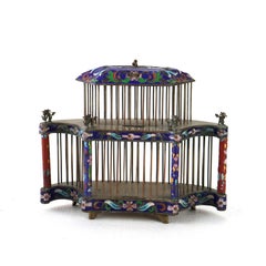 Antique Chinese Floral Cloisonne Enameled Cage With Dragon Finials c1900