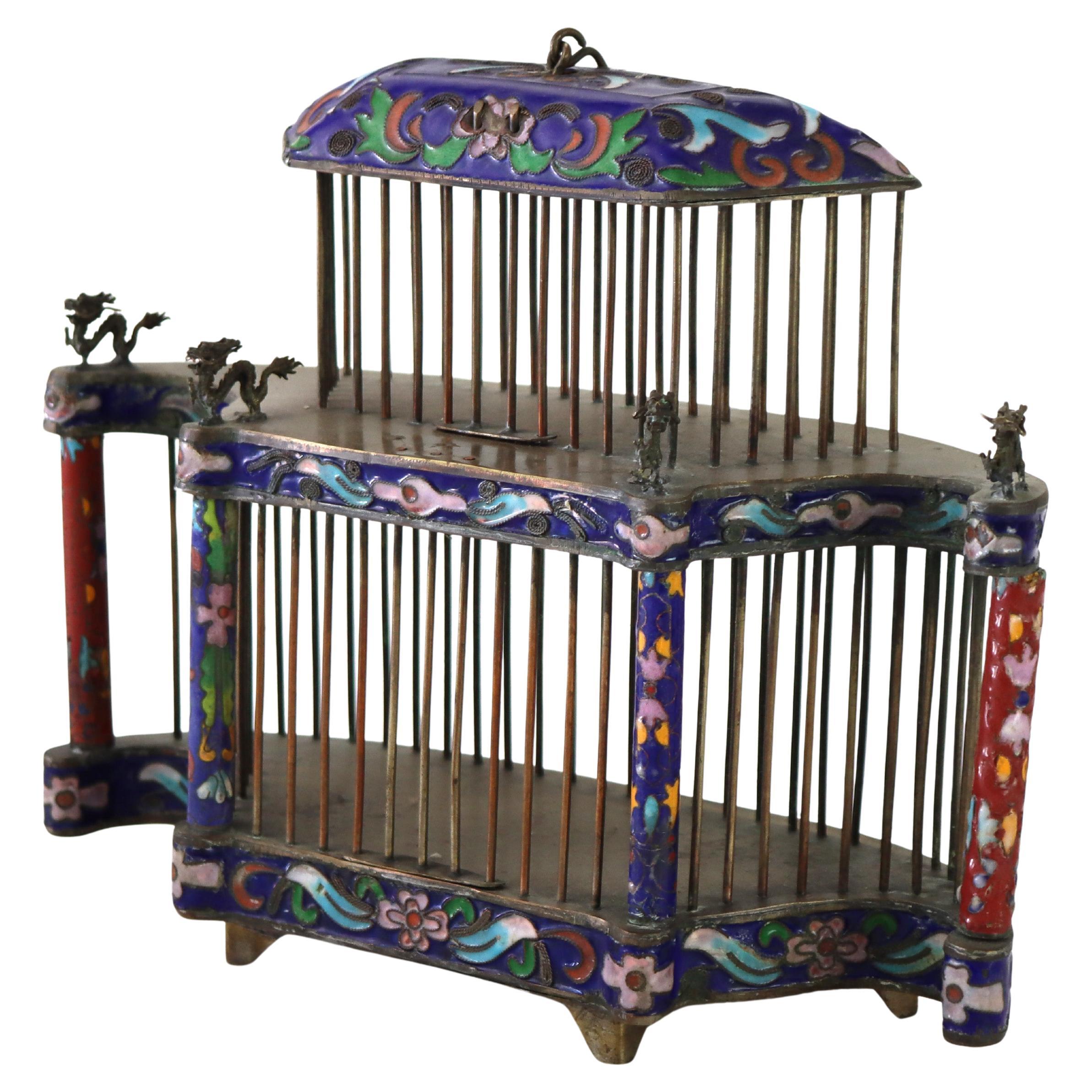Antique Chinese Floral Cloisonne Enameled Cage With Dragon Finials c1900 For Sale