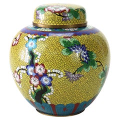 Antiguo tarro chino de jengibre con tapa y esmalte de cloisonné floral c1920