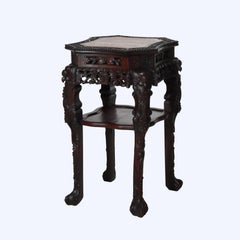 Antique Chinese Floral & Figural Carved Rosewood Rouge Marble Top Stand c1920