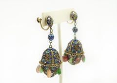Antique Chinese Floral Gilt Sterling Enamel Filigree Egg Shaped Dangle Earrings