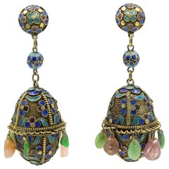 Antique Chinese Floral Gilt Sterling Enamel Filigree Egg Shaped Dangle Earrings