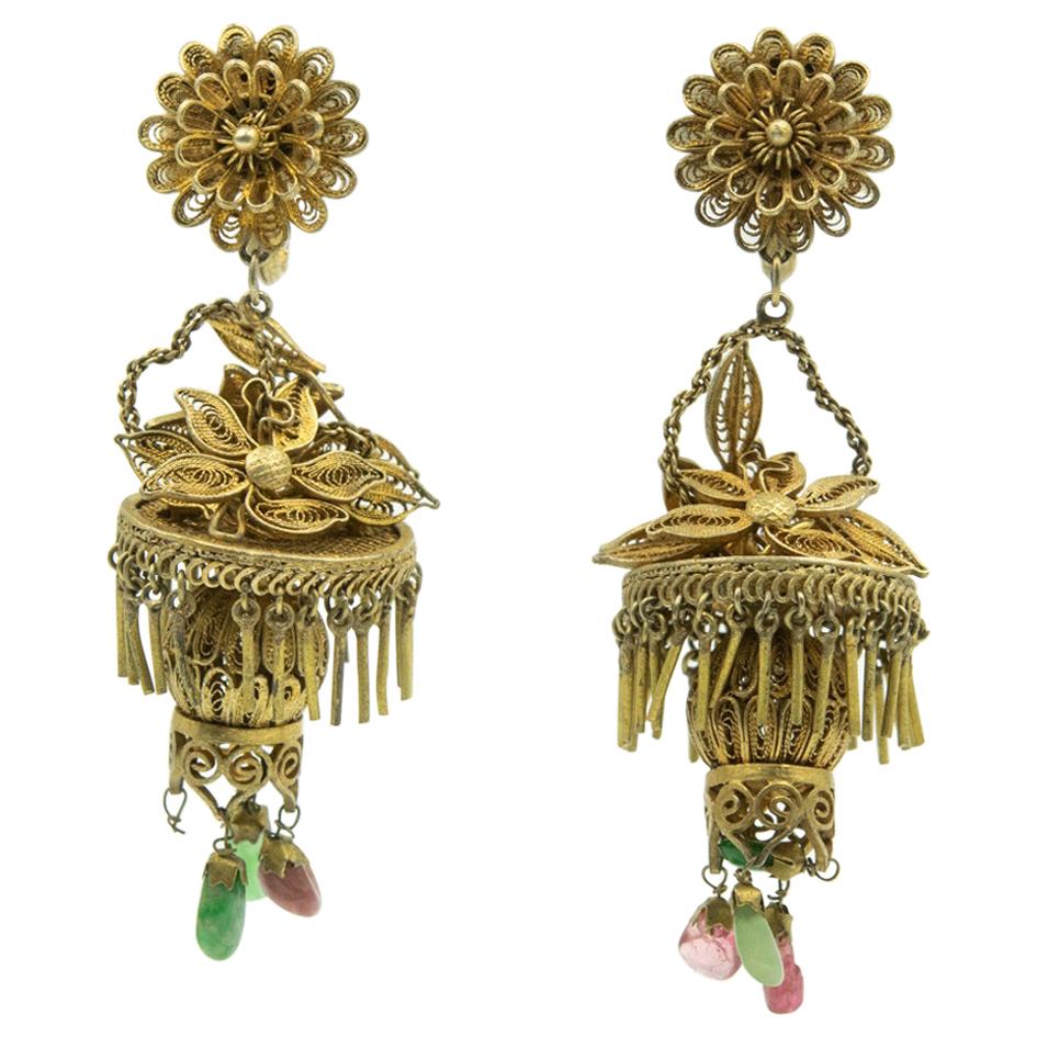Antique Chinese Floral Gilt Sterling Filigree Lantern Dangle Drop Earrings