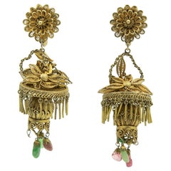 Retro Chinese Floral Gilt Sterling Filigree Lantern Dangle Drop Earrings