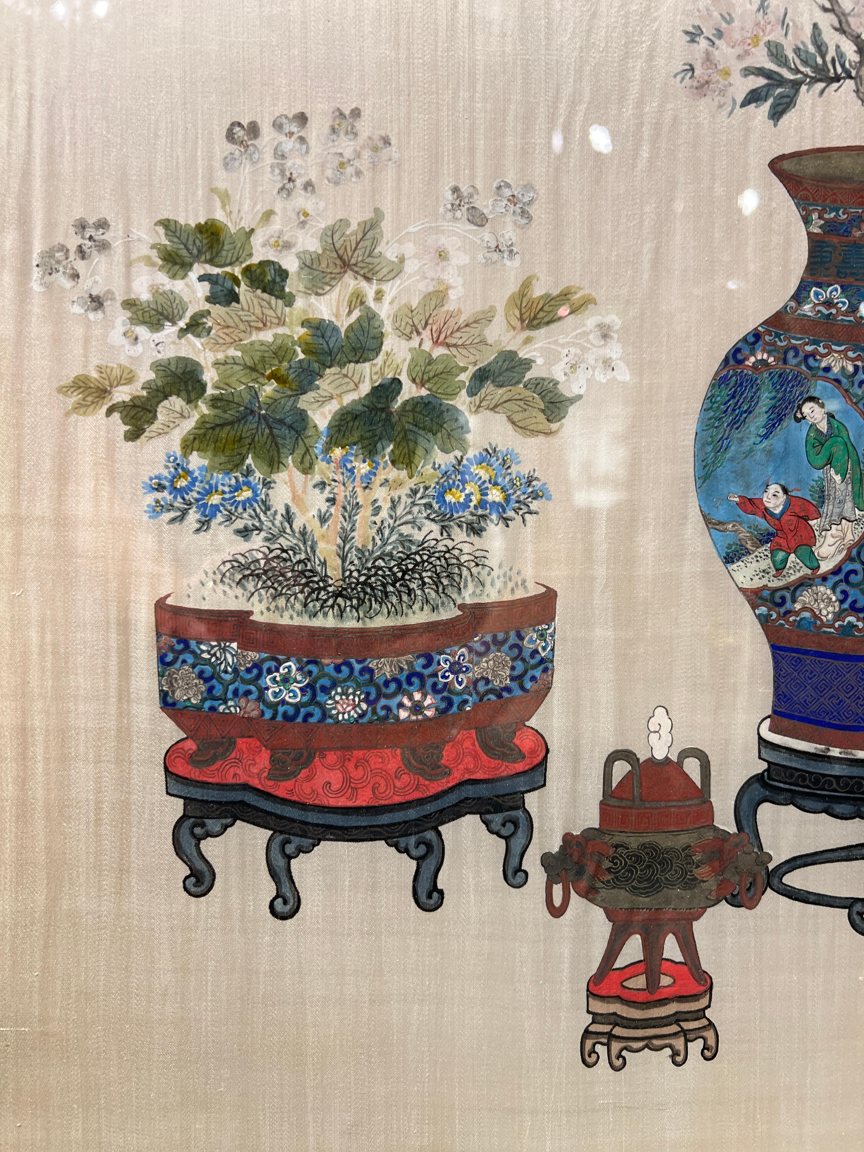 Antique Chinese Floral Painted Silk Three-Panel Screen / Room Divider 5