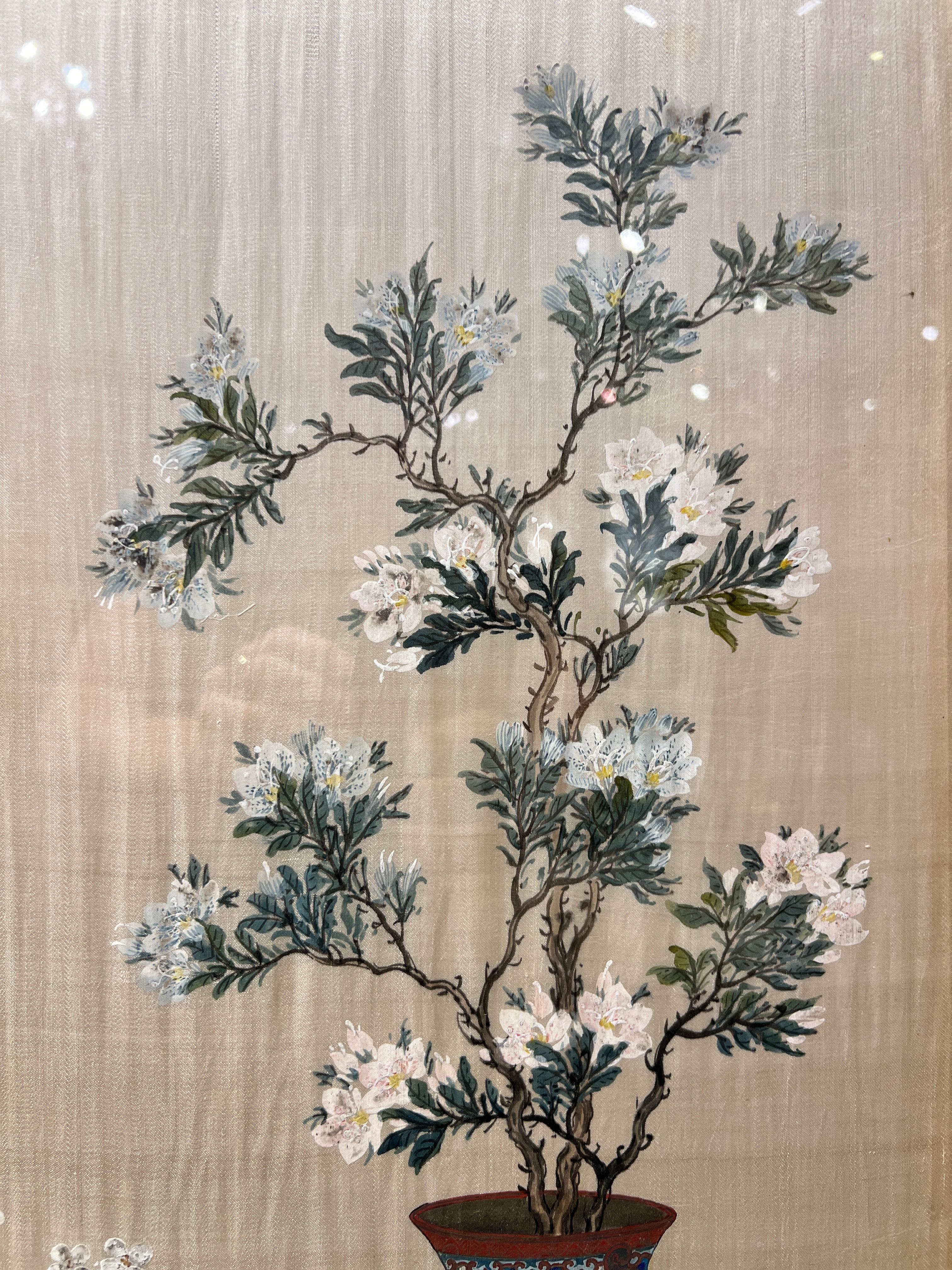 Antique Chinese Floral Painted Silk Three-Panel Screen / Room Divider 6