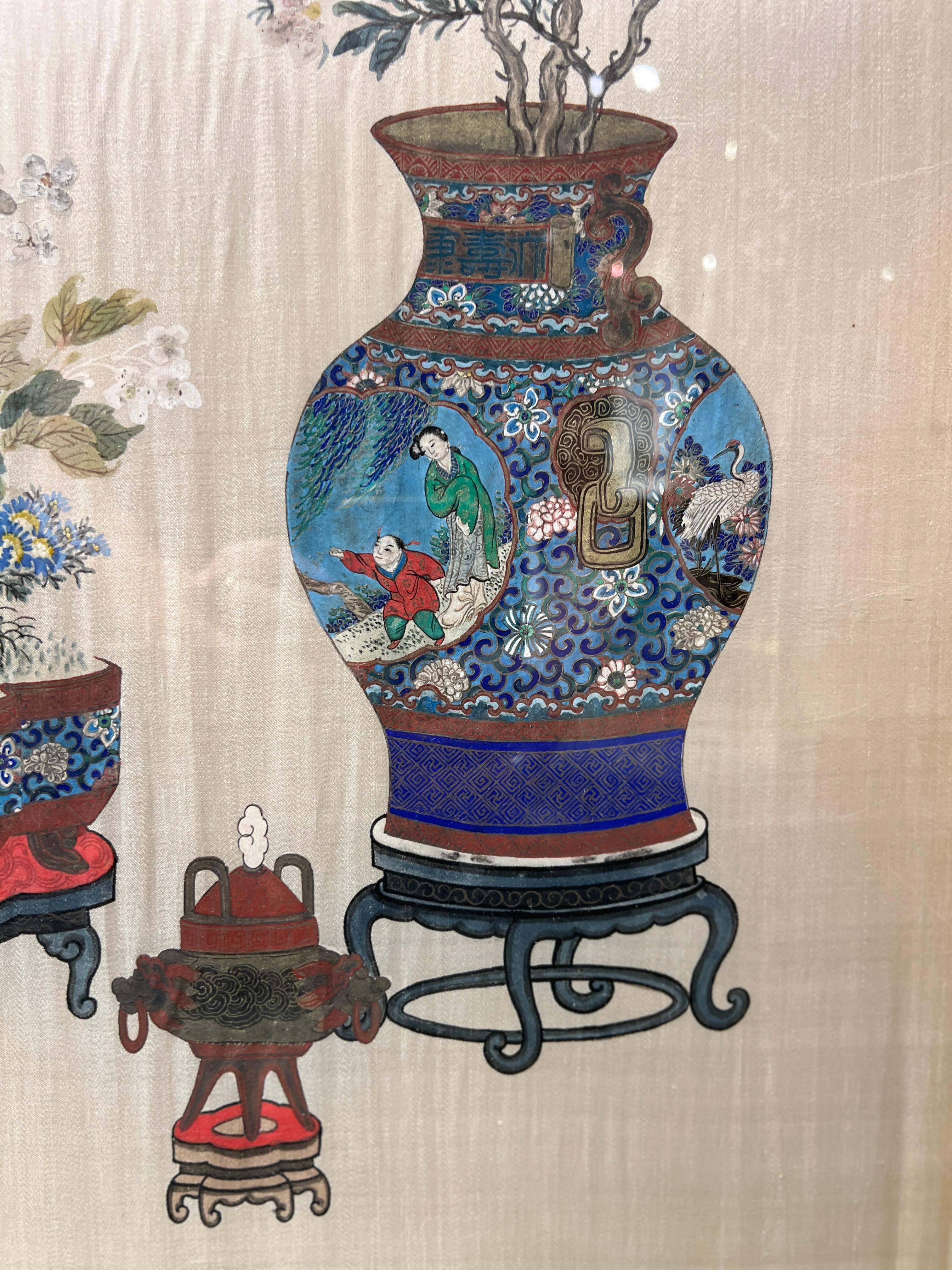 Antique Chinese Floral Painted Silk Three-Panel Screen / Room Divider 7