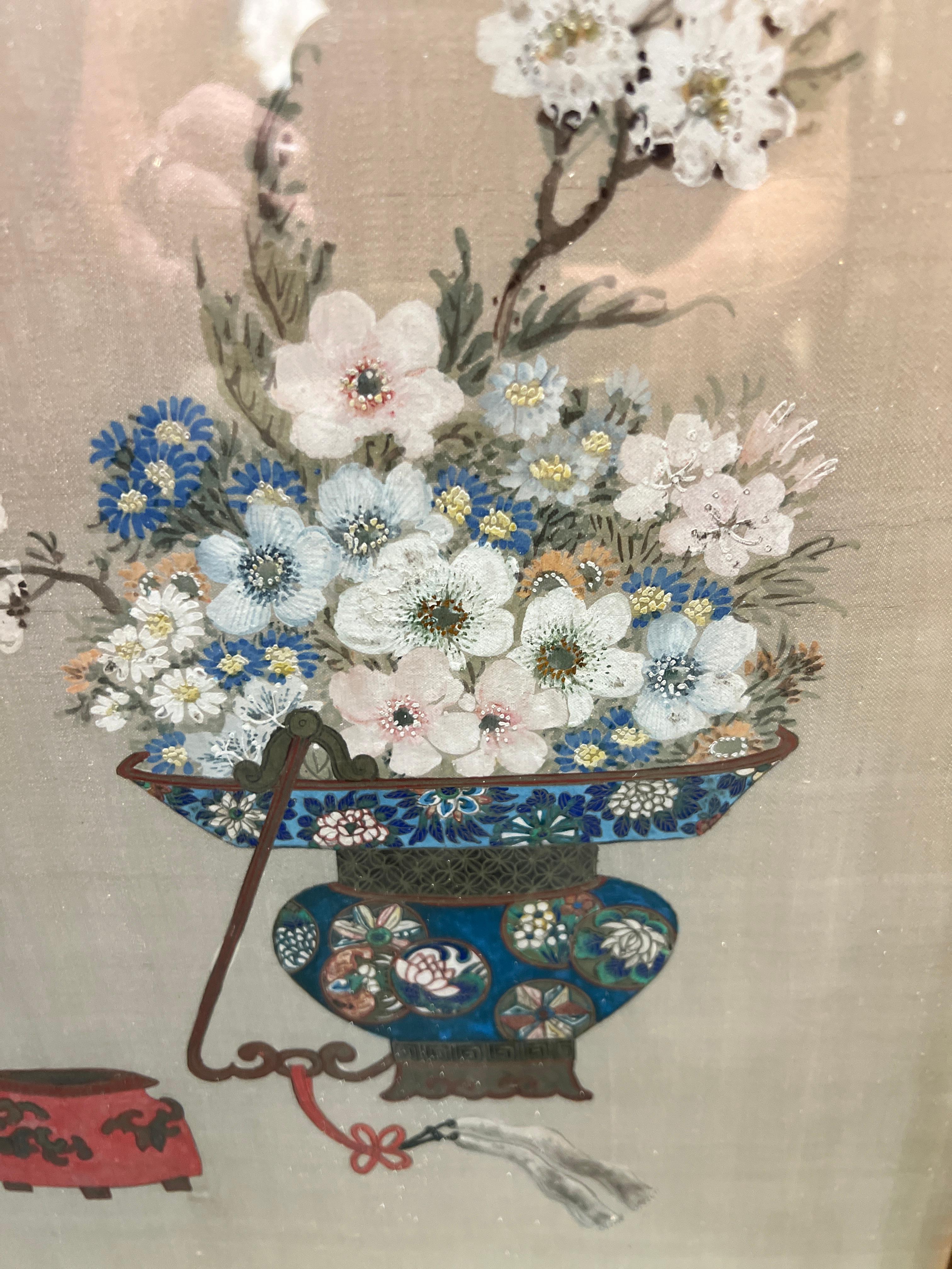 Antique Chinese Floral Painted Silk Three-Panel Screen / Room Divider 9