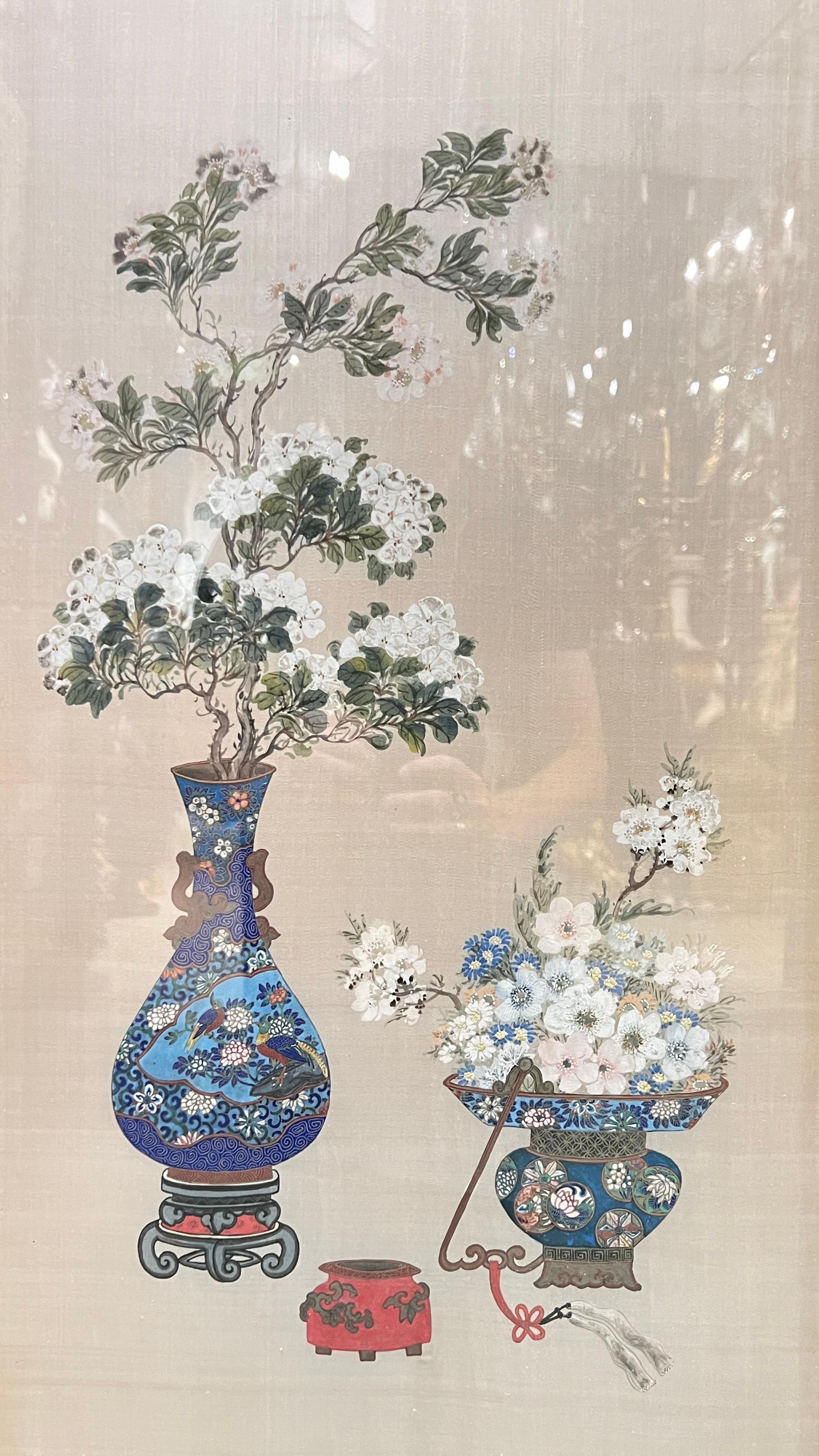 Chinese three-panel screen or room divider, finely painted on silk depicting lovely floral bouquets in porcelain and cloisonne enameled vases plus censer and fish bowl,  mounted in original carved and glazed giltwood frame.  44 inches wide, 34 1/2