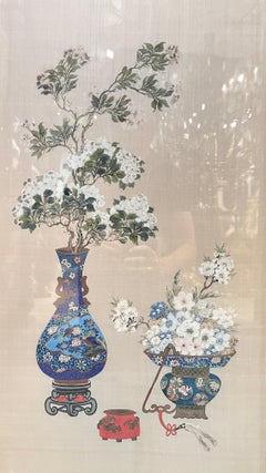 Antique Chinese Floral Painted Silk Three-Panel Screen / Room Divider