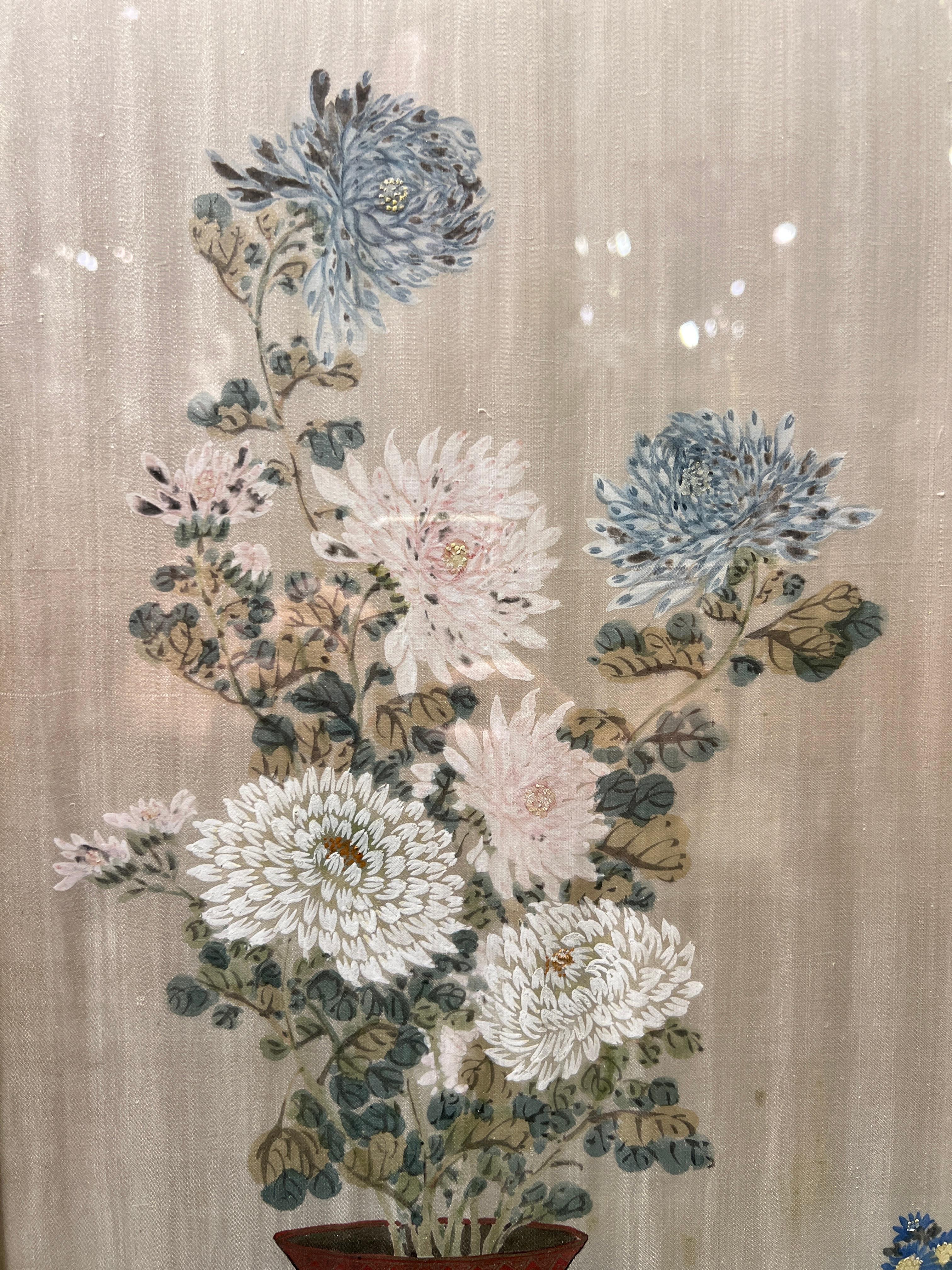 Antique Chinese Floral Painted Silk Three-Panel Screen / Room Divider 2