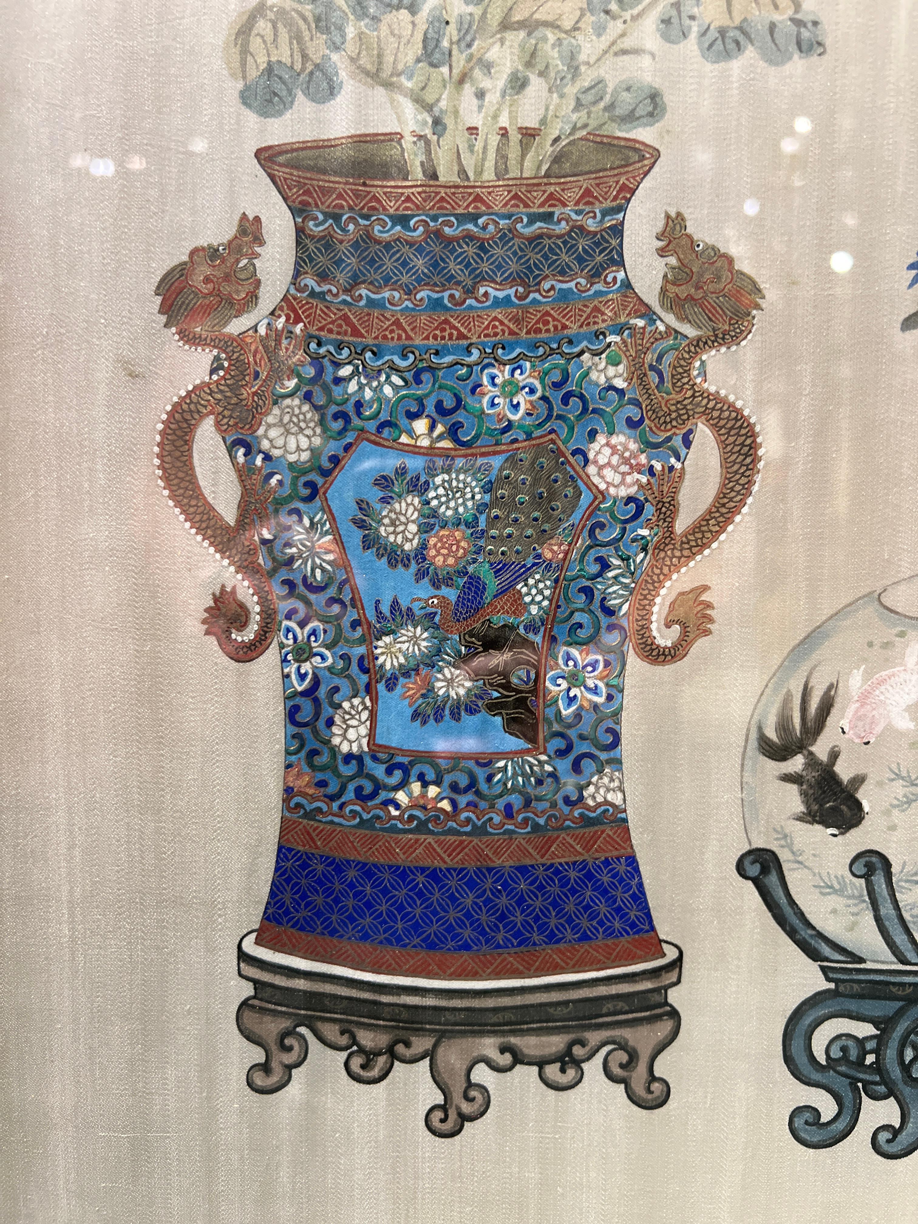 Antique Chinese Floral Painted Silk Three-Panel Screen / Room Divider 3