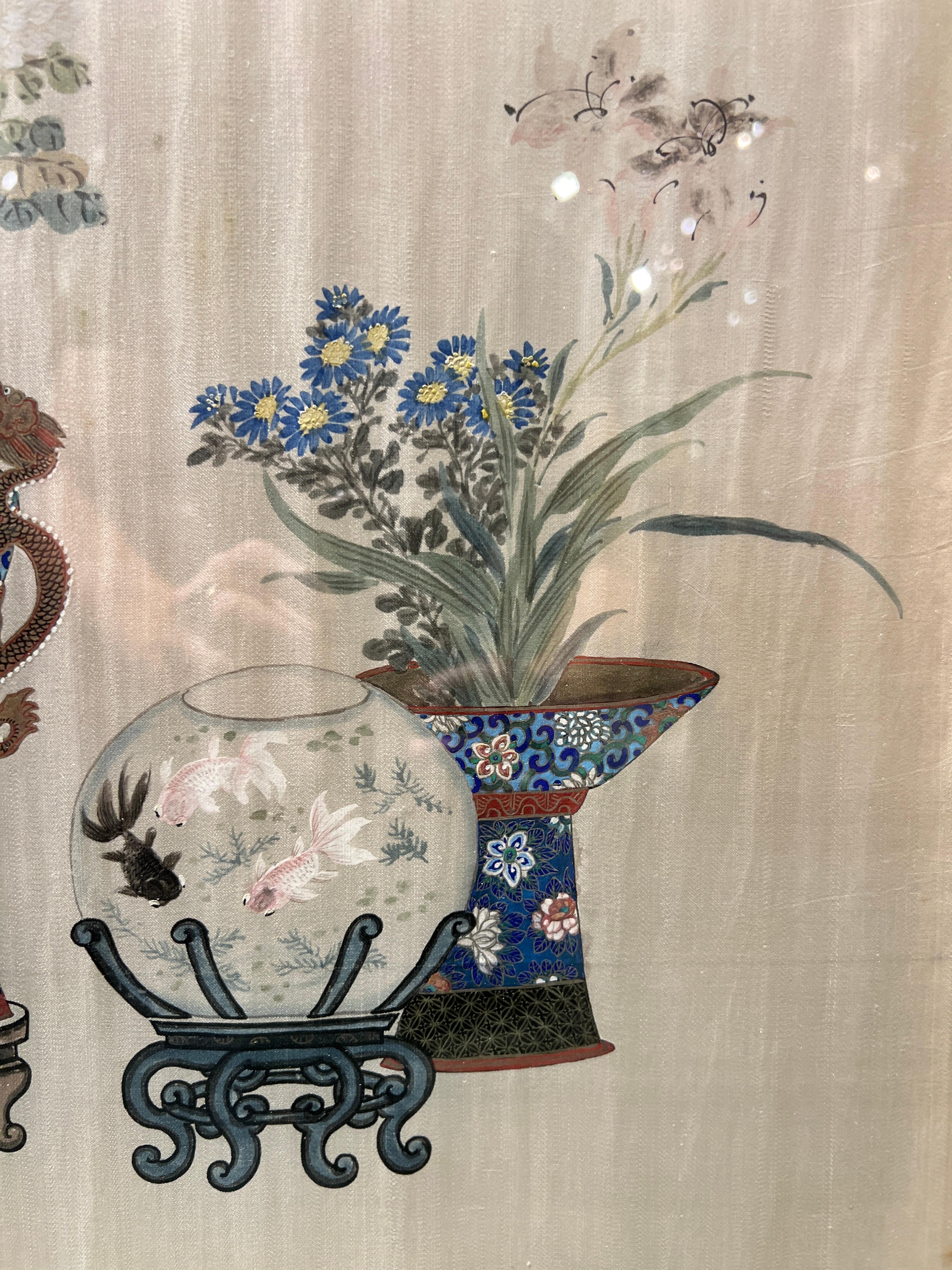 Antique Chinese Floral Painted Silk Three-Panel Screen / Room Divider 4