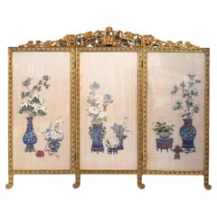 Antique Chinese Floral Painted Silk Three-Panel Screen / Room Divider