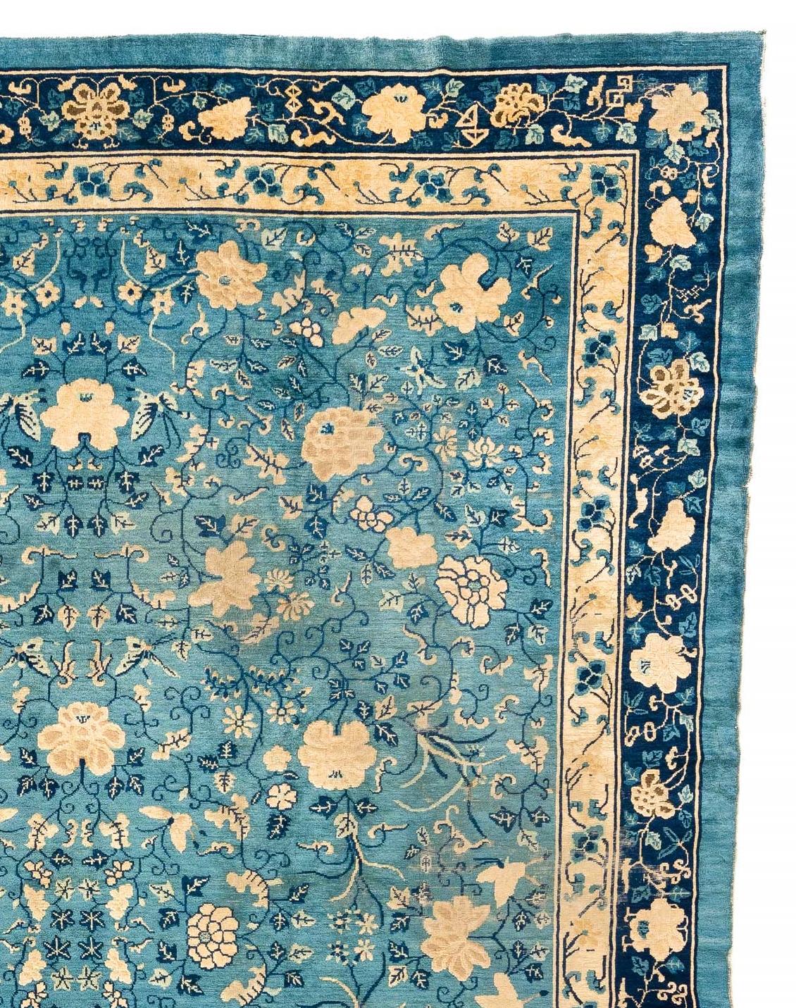 Hand-Knotted Antique Chinese Floral Rug with an All-Over Design in Blue and Ivory For Sale