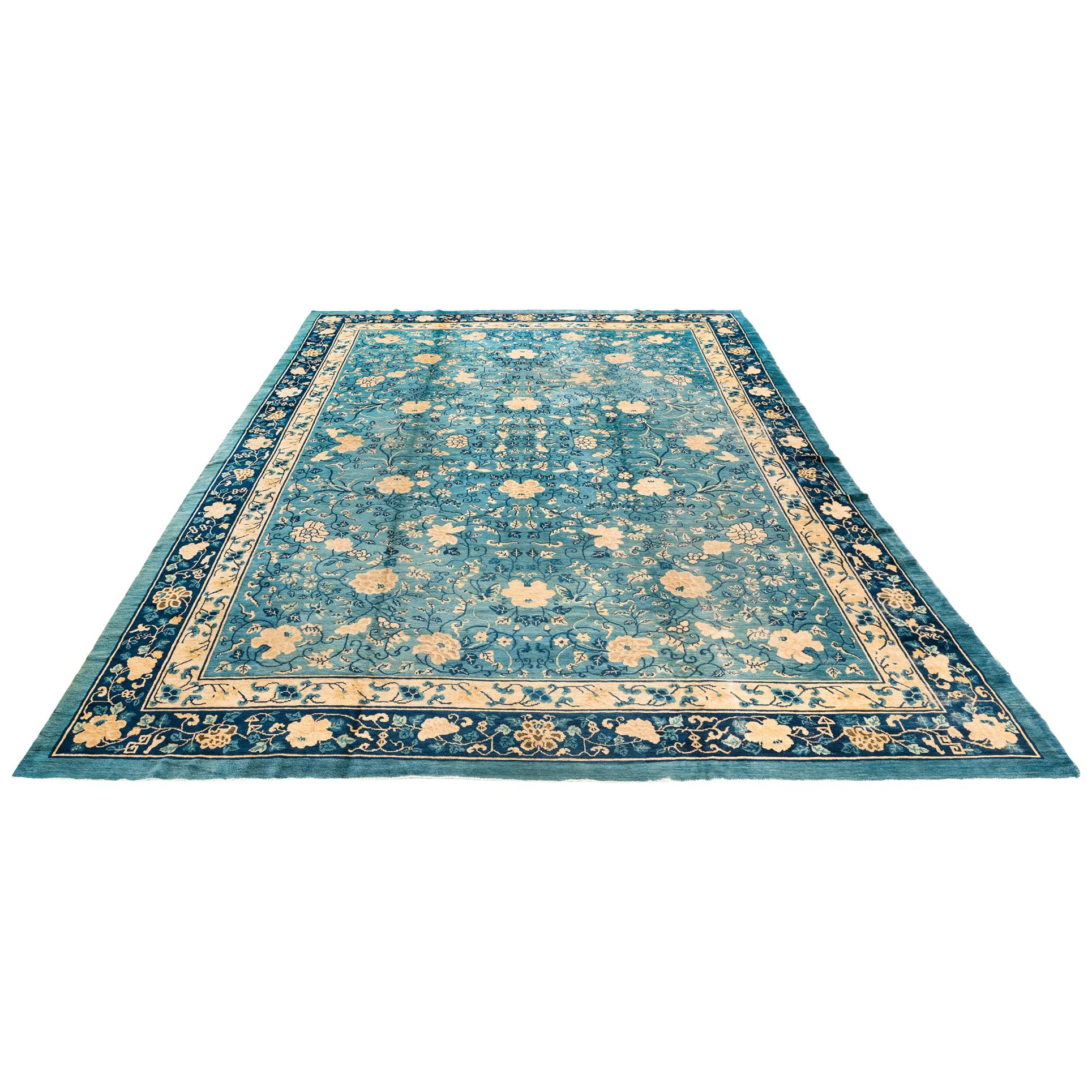 Antique Chinese Floral Rug with an All-Over Design in Blue and Ivory For Sale