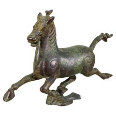 Antique Chinese Flying Horse of Gansu Green Patinated Cast Bronze Statue